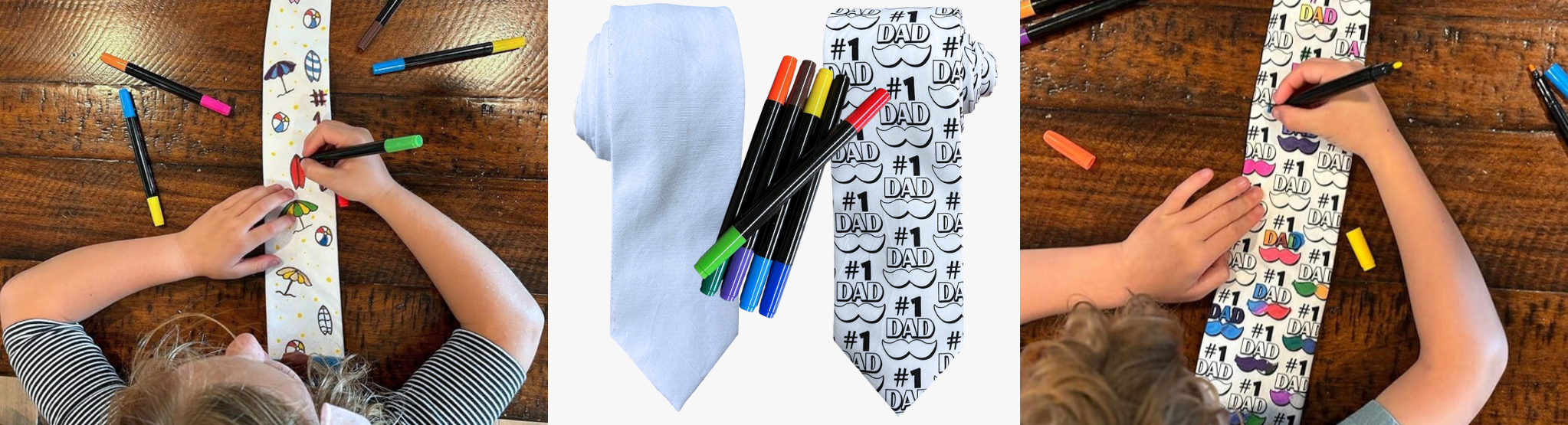 A collage of children drawing on white men's neckties with colorful fabric markers for Father's Day.