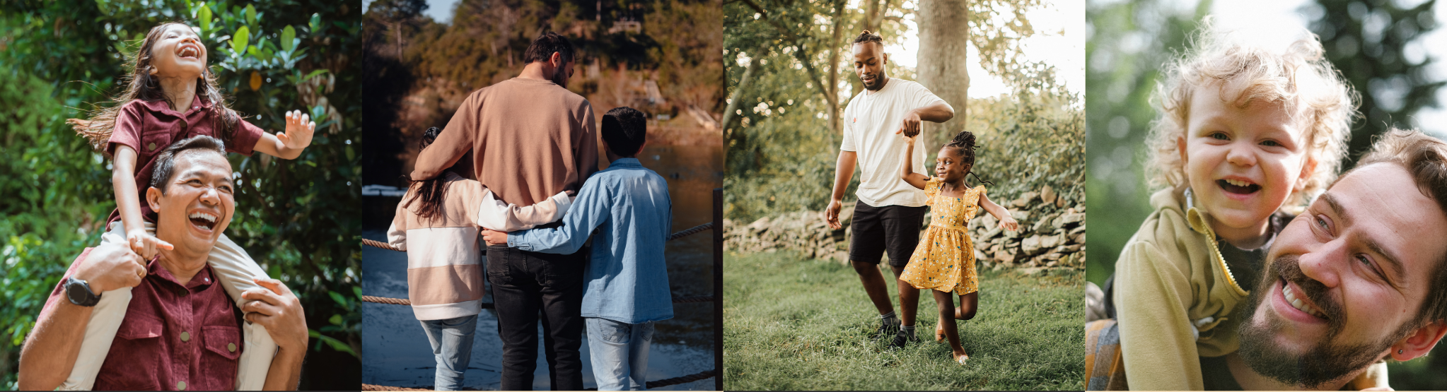 A collage showing various ethnicites of father's interacting and playing outdoors with their children.