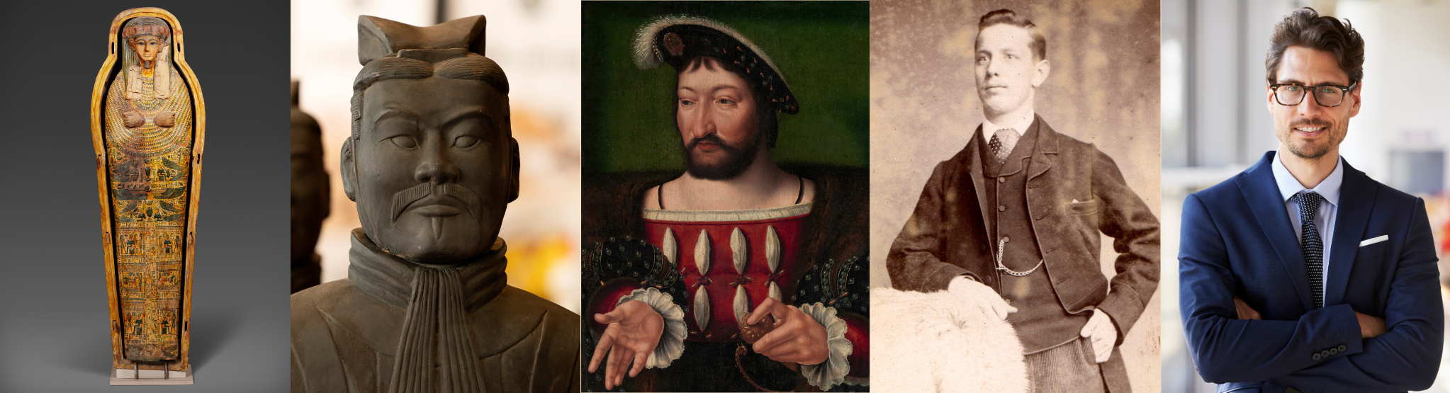 An egyptian tomb, a Chinese terracotta soldier, a European explorer, an 1800s American businessman, and a modern man in a suit.