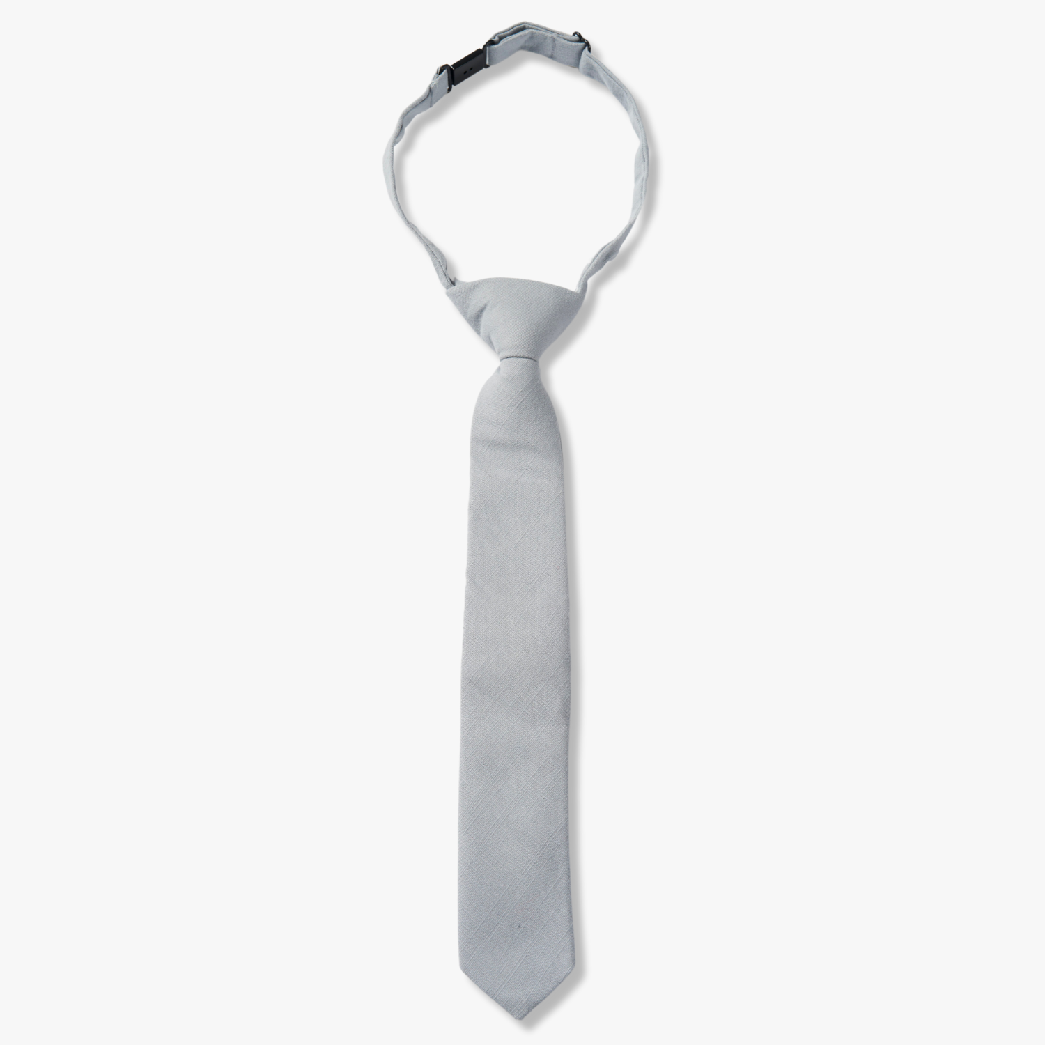 Kids pretied tie that fits babies, toddlers, big and little kids, and youth. The color is a neutral pale light blue gray.