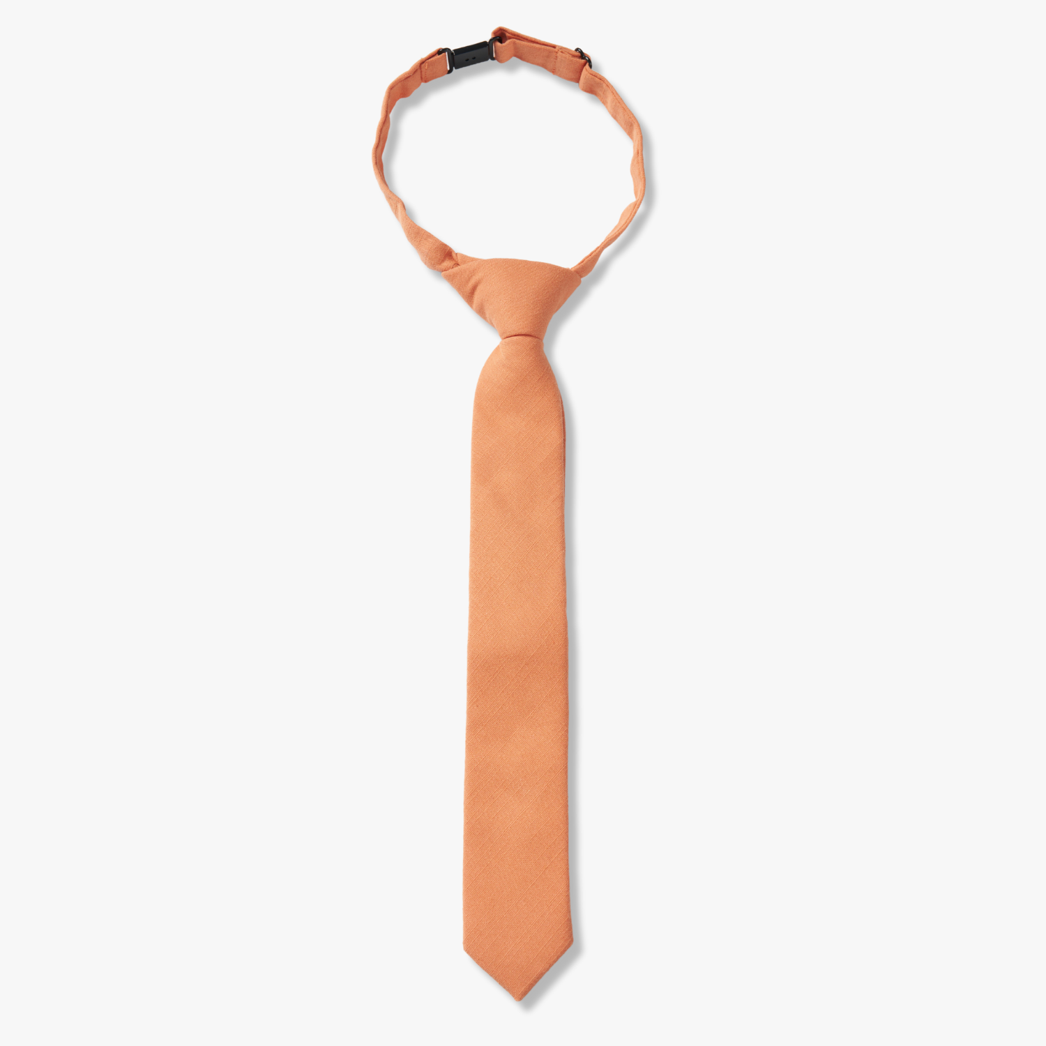 Kids pretied necktie for boys that fits babies, toddlers, big and little kids, and youth. The color is burnt orange salmon.