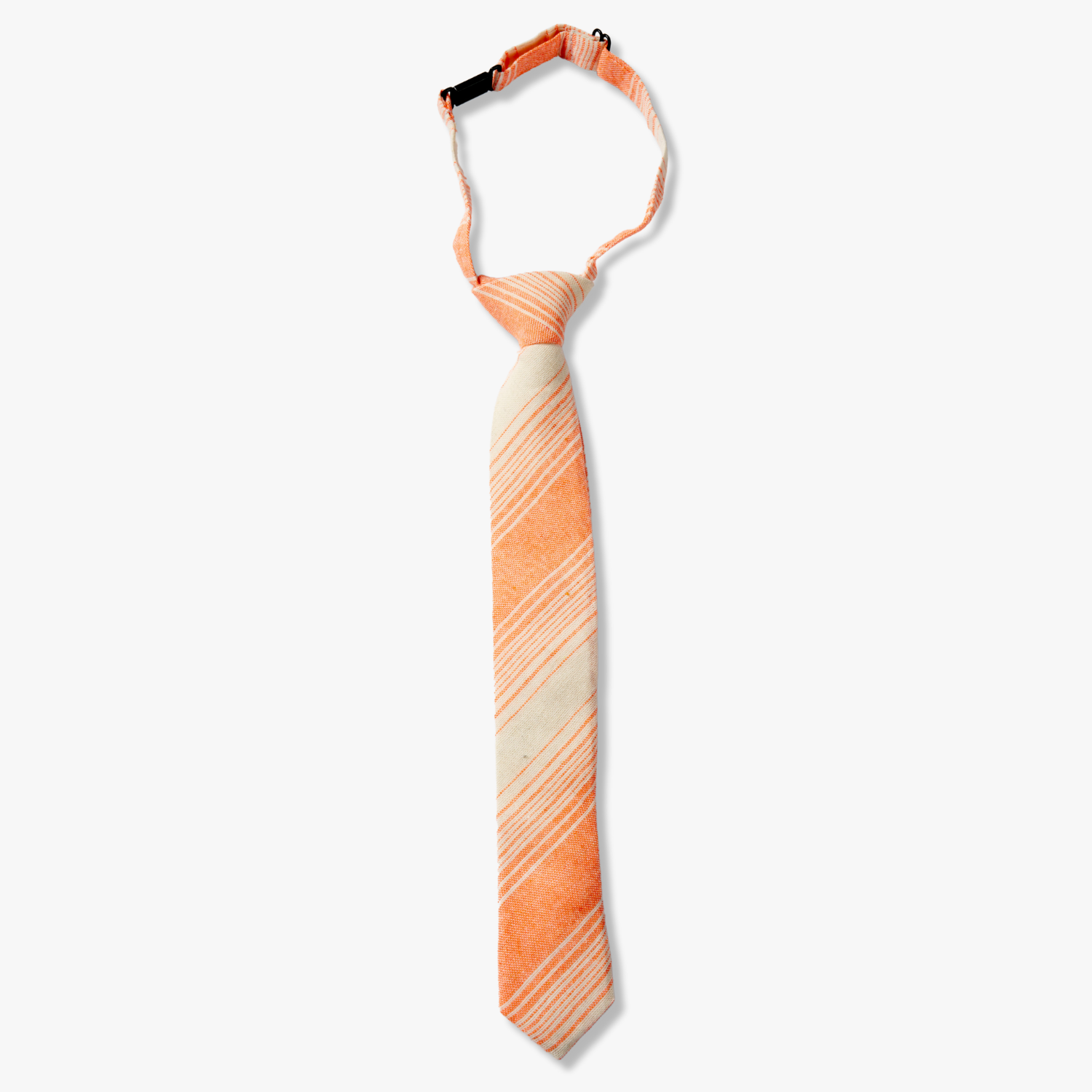 Kids striped pretied tie for 3 month-12 years, with varying orange stripe, thin beige cream lines, and diagonal designs.