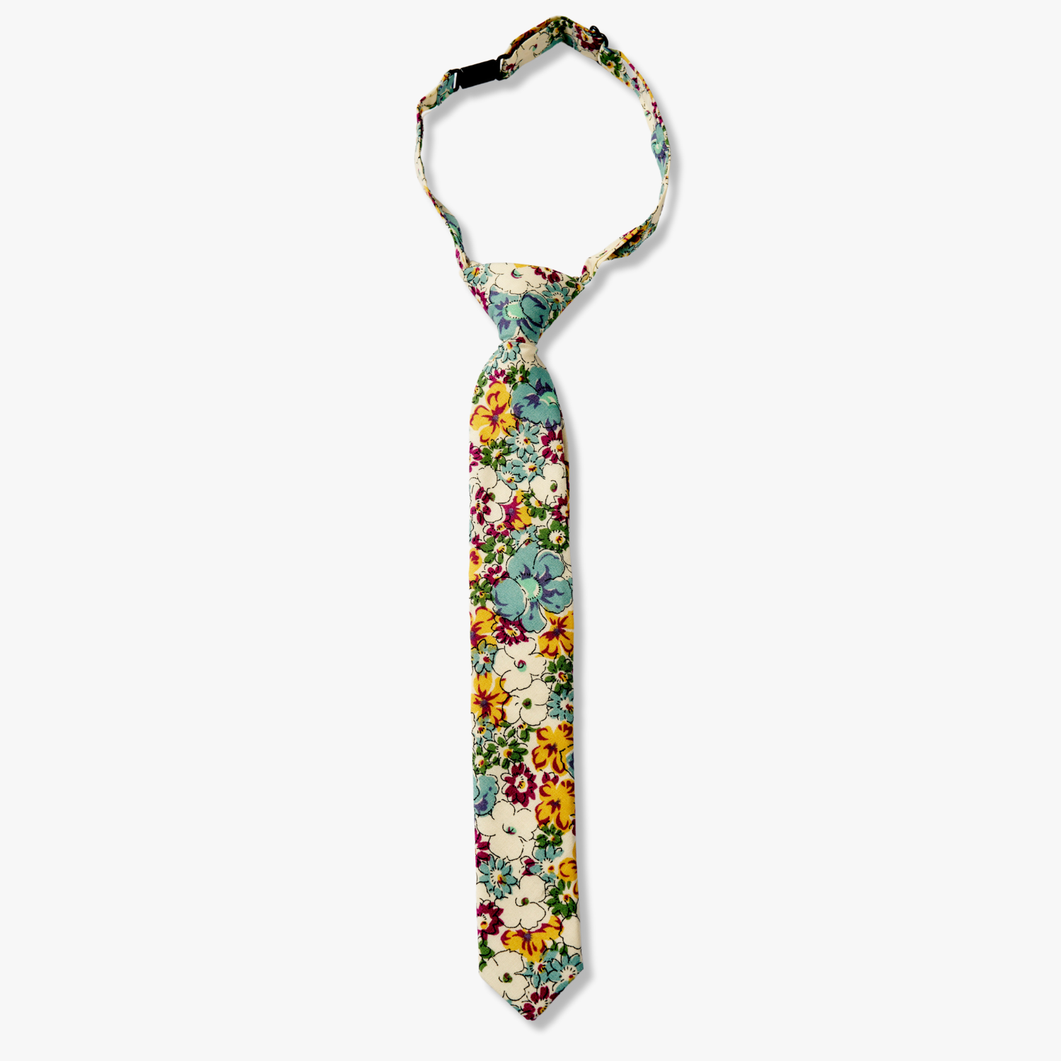 Spring Kids floral pretied tie with pale blue flowers, yellow and burnt orange petals, white blossoms and small green flowers