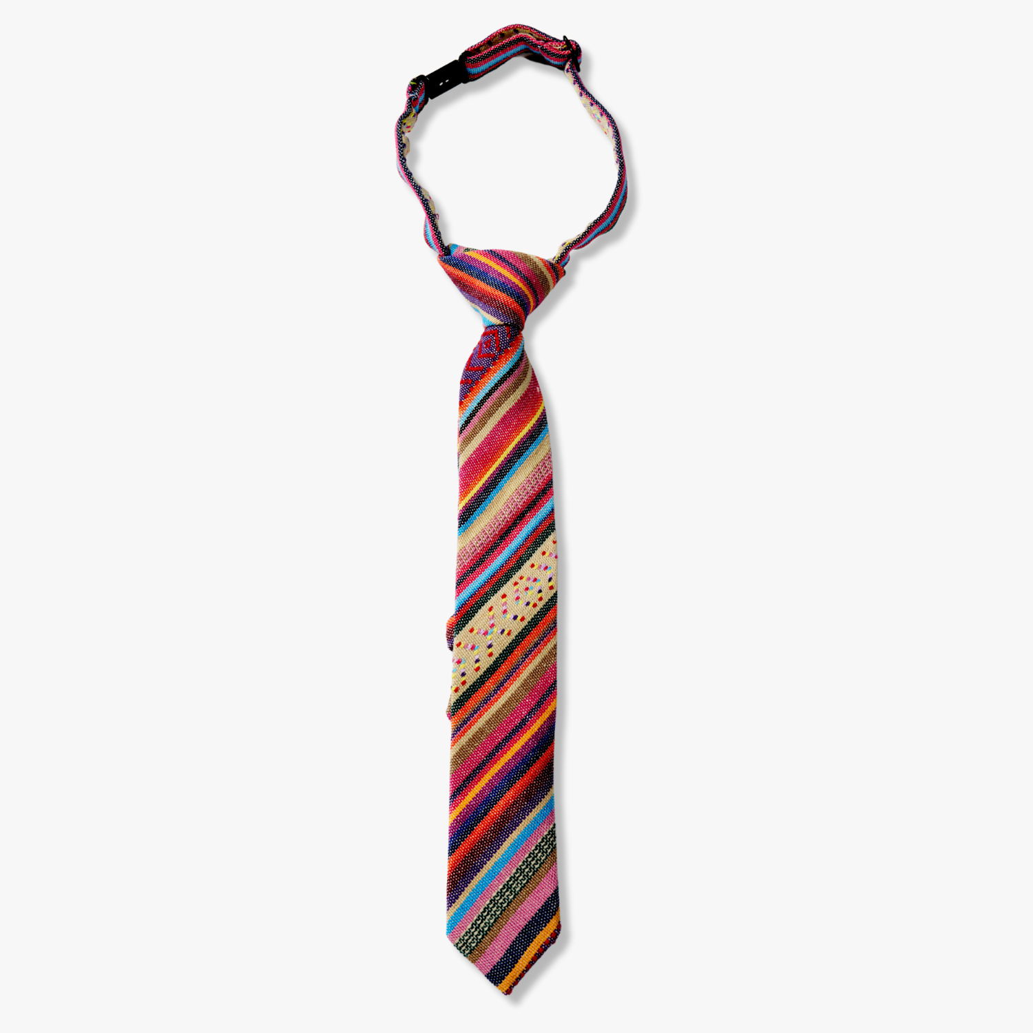 Kids striped pretied tie with blue stripe, orange lines, red bars, cross designs and Mexican fiesta Latin America style.
