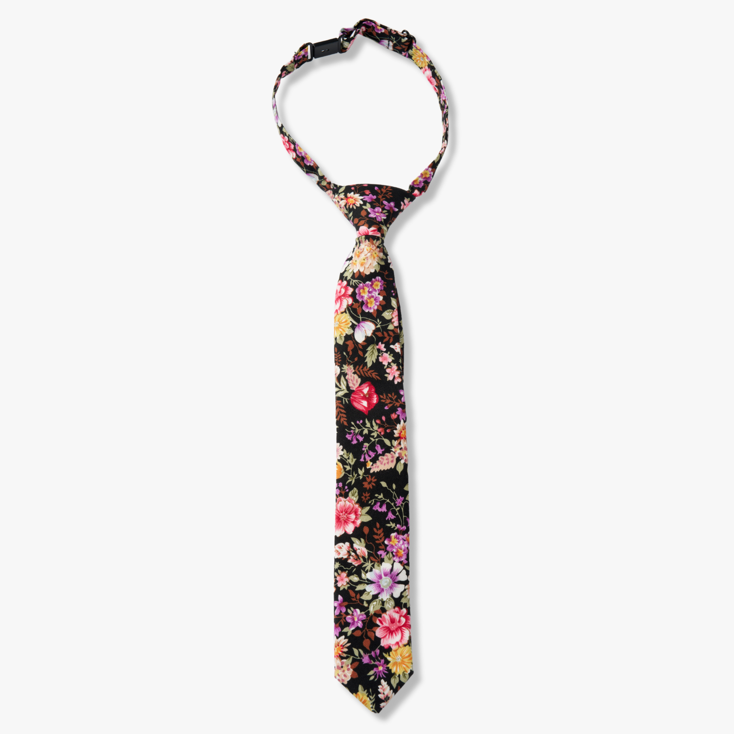 Kids floral pretied tie with pink flowers, yellow petals, wisteria purple blossoms and brown leaves on black cotton fabric.