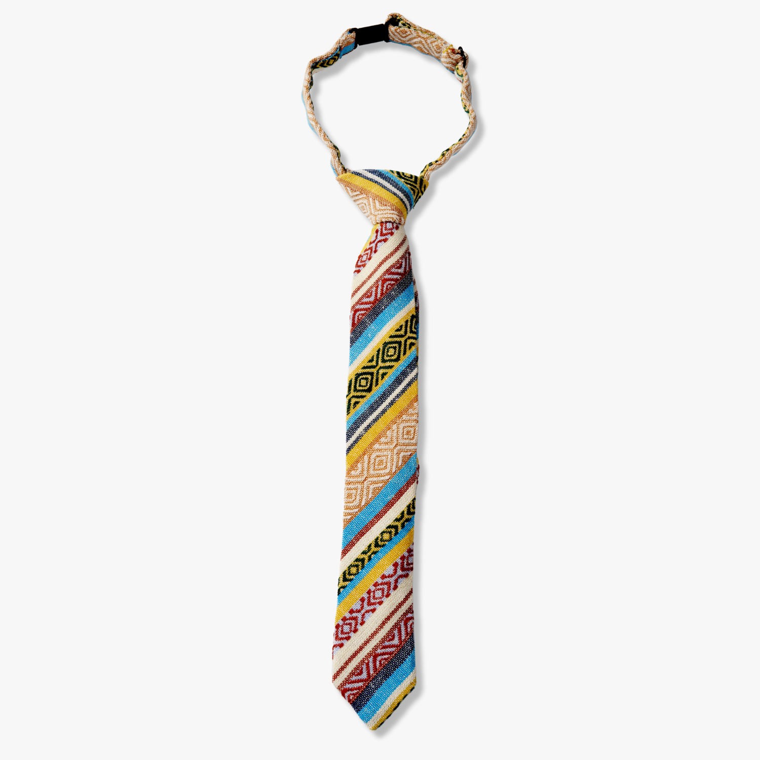 Kids striped pretied tie with yellow stripe, blue lines, beige bars, American designs and Mexican fiesta Latin America style.