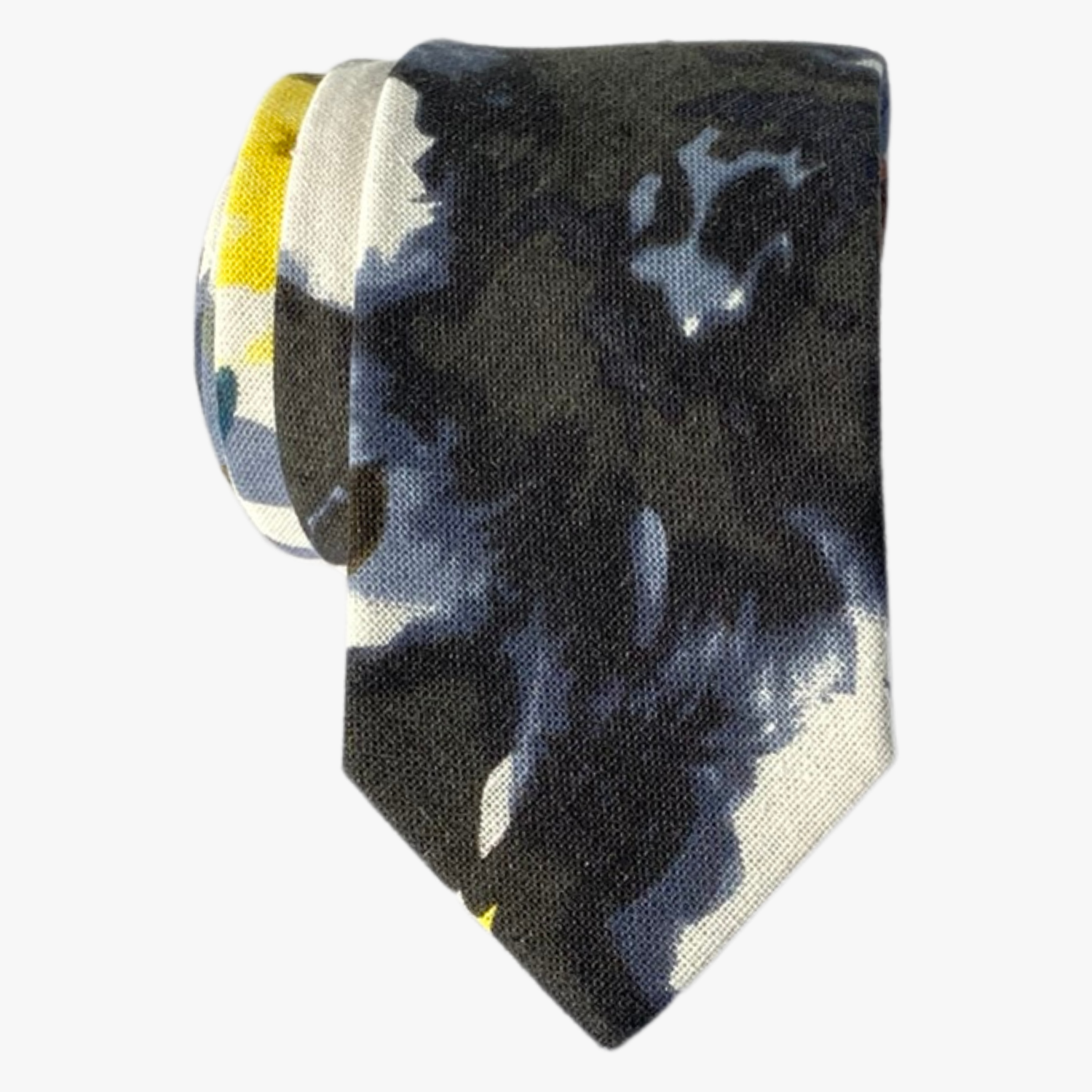 A mens abstract floral tie with large yellow flowers mixed with large spots of black and blue similar to a Rorschach test.