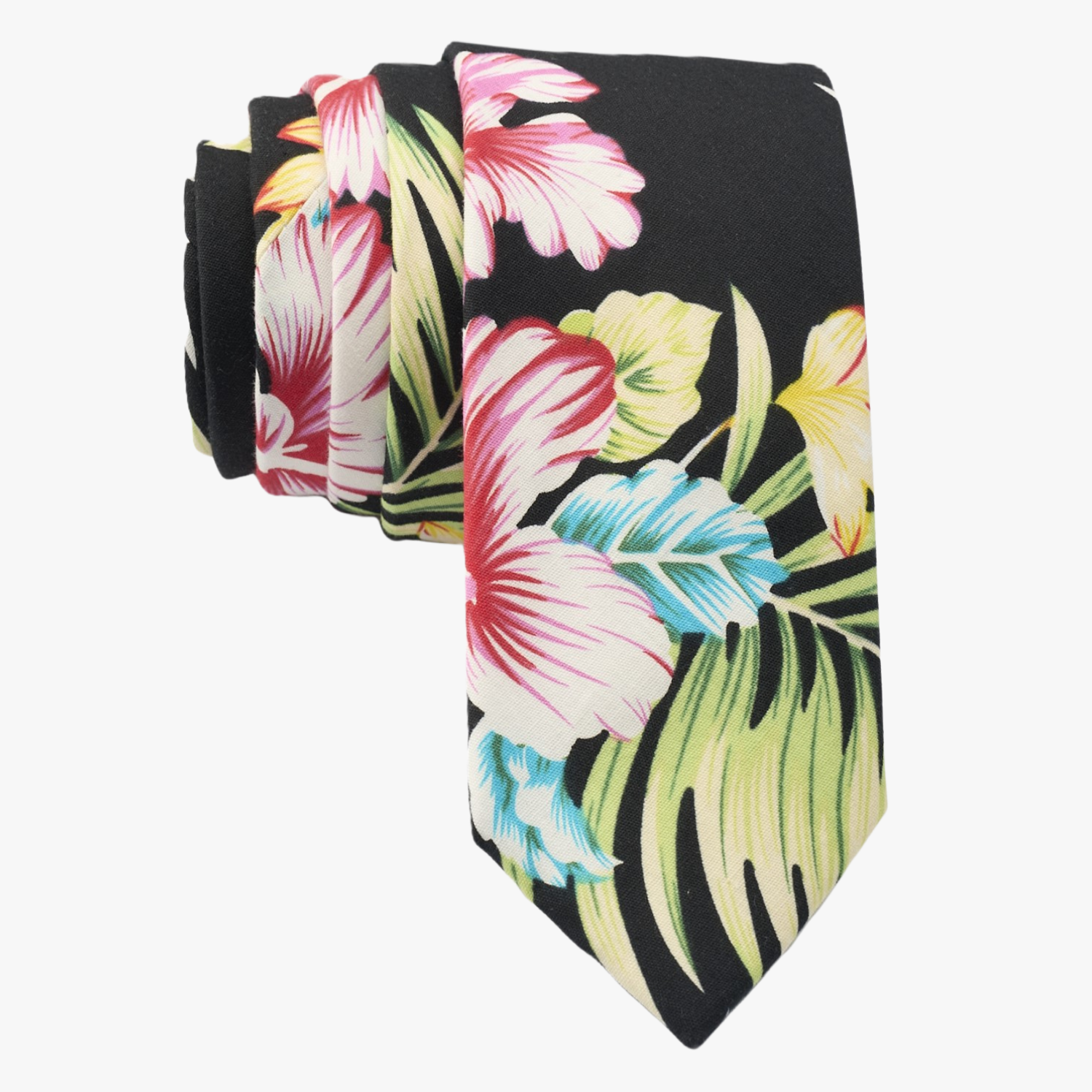 Tropical floral necktie for men with large pink beach flowers, hibiscus petals, and fern leaves on dark black cotton fabric.