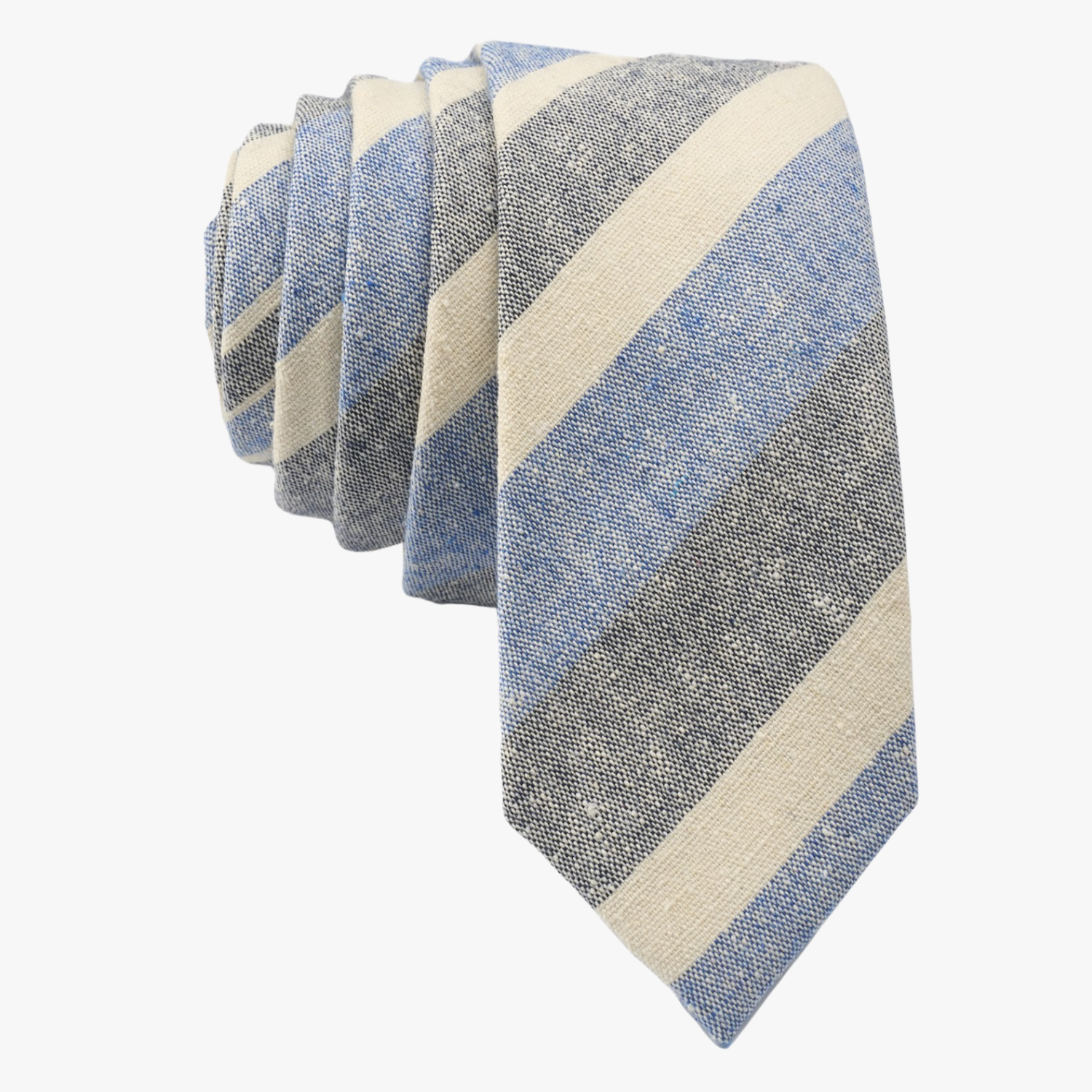 Adult mens striped tie with denim blue stripe, beige cream lines, gray/grey bars, and colorful diagonal designs for business.