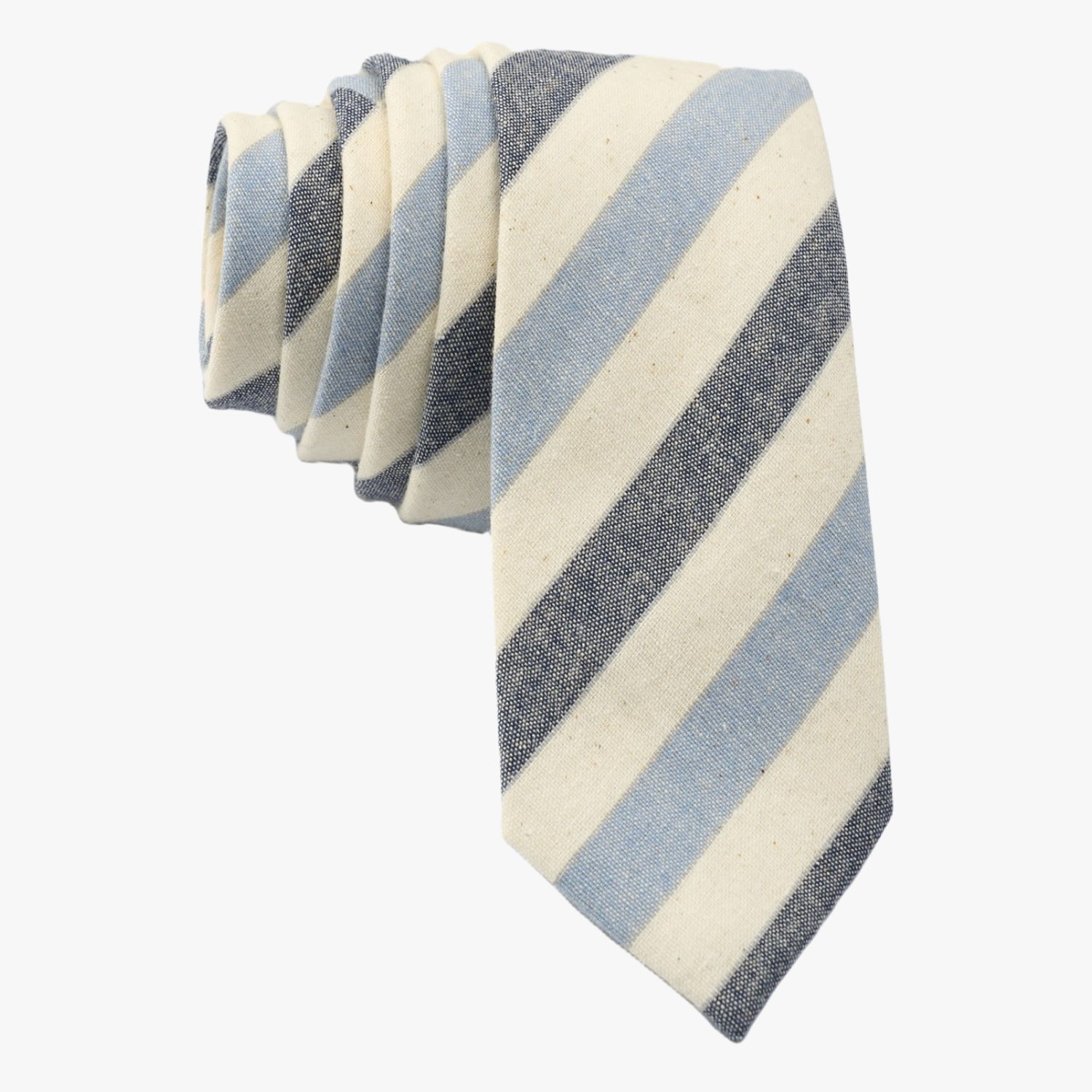 Adult mens striped tie with evenly spaced light baby blue stripe, navy lines, cream bars, and colorful diagonal designs.
