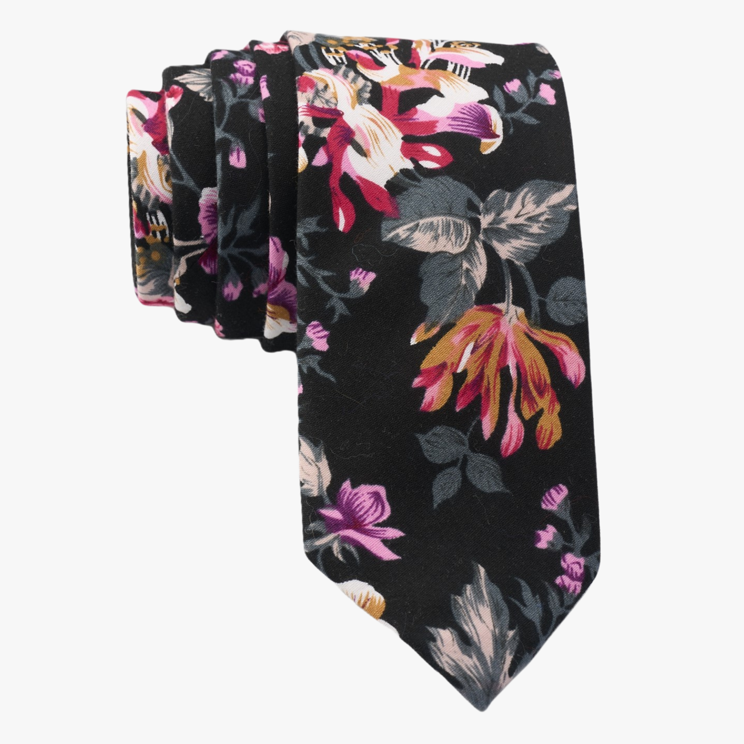 Floral necktie for men with burnt orange flowers, pink petals, light purple blossoms, and dark green leaves on black cotton.