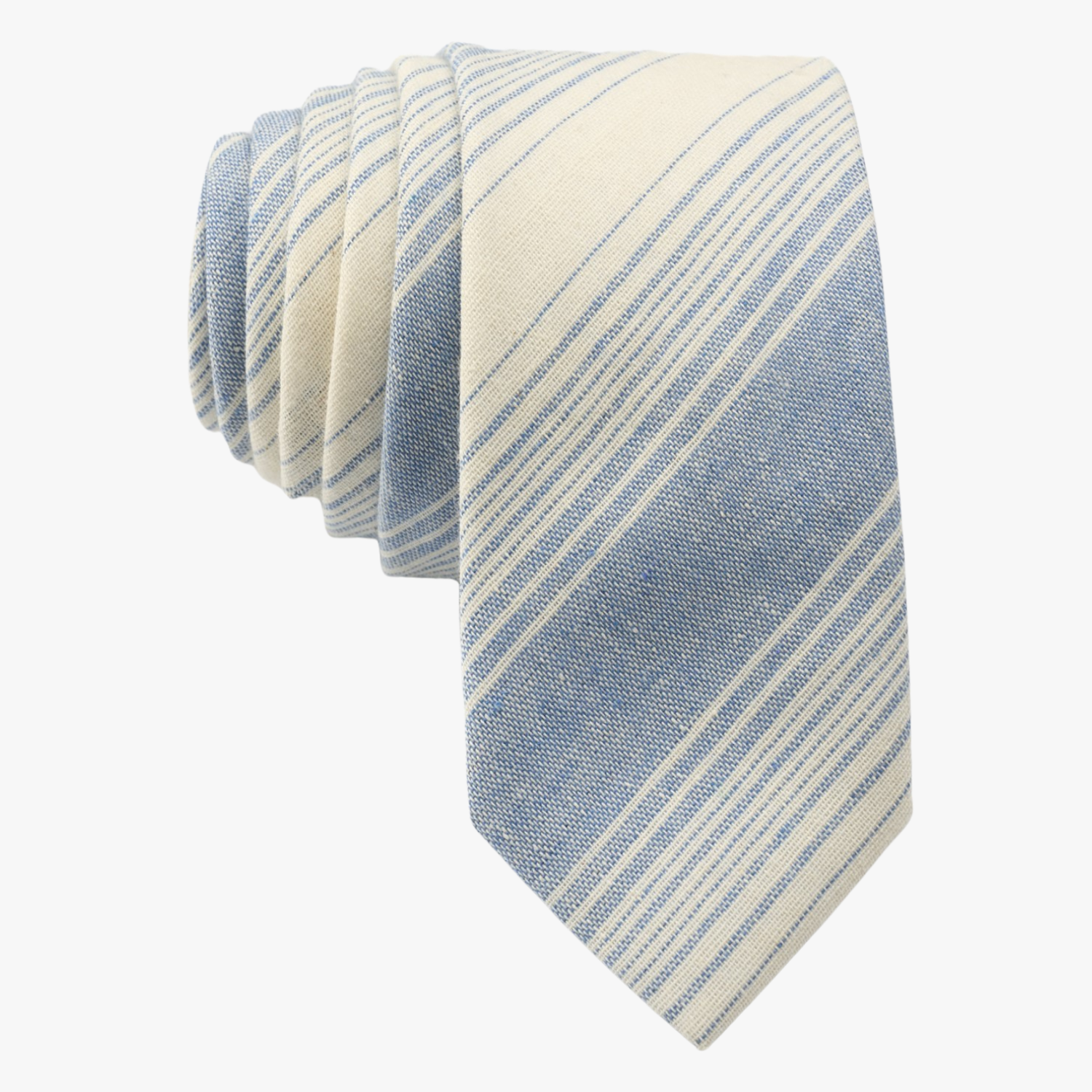Adult mens striped tie with varying light dusty blue stripe, thin beige cream lines,  and colorful diagonal designs for work.