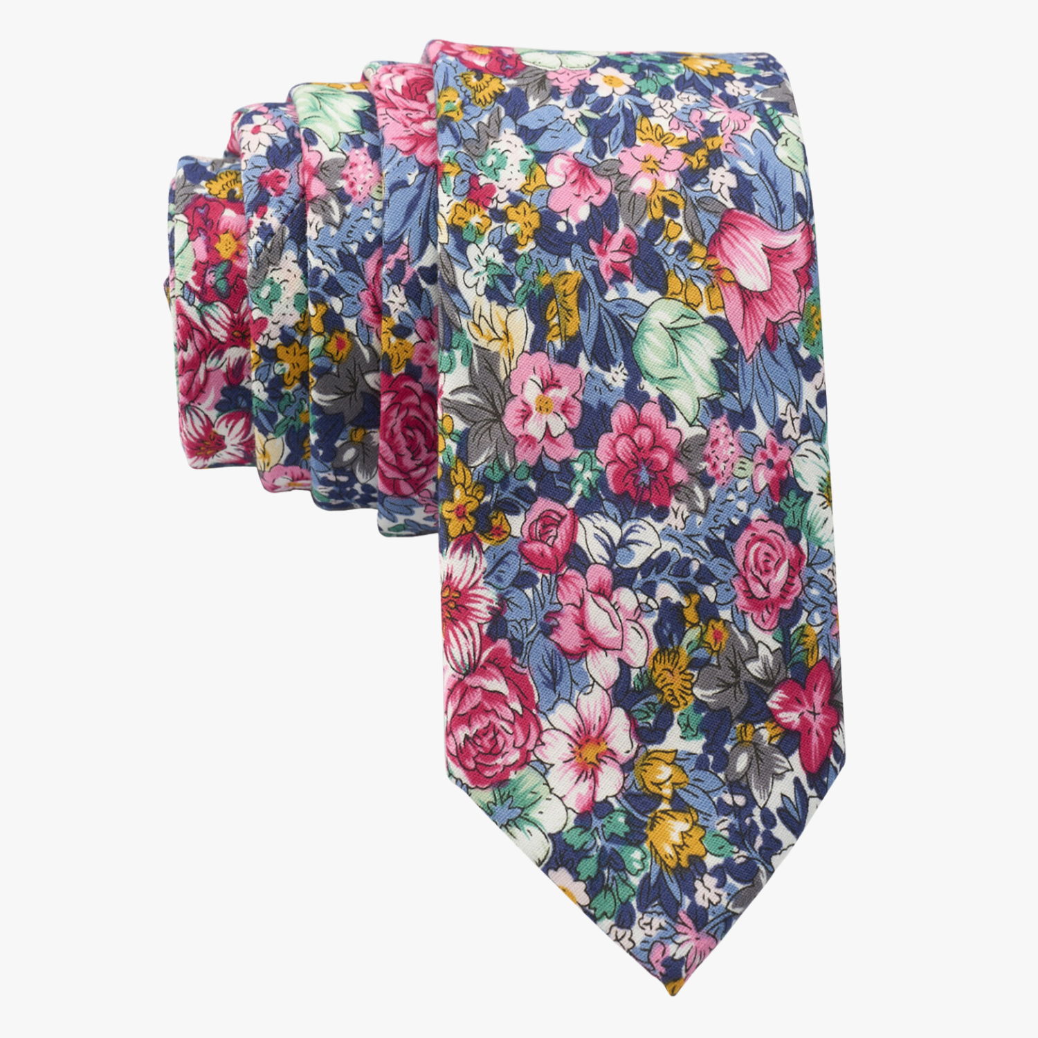 Floral necktie for men with pink rose flowers, dark petals, orange and sage green blossoms and light blue and navy leaves.