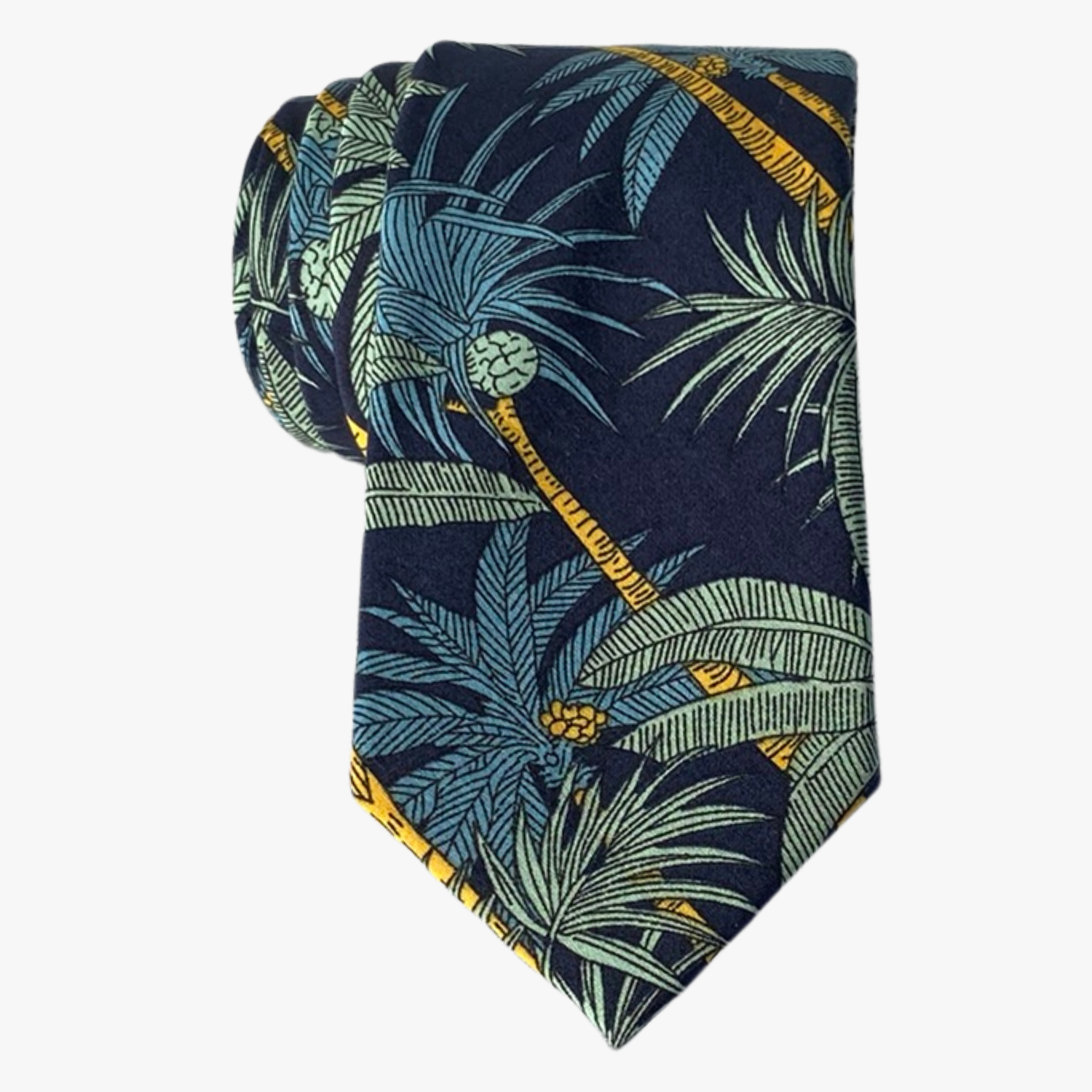 An adult navy blue tropical necktie covered in golden yellow palm trees with light green leaves and dark teal blue palms.