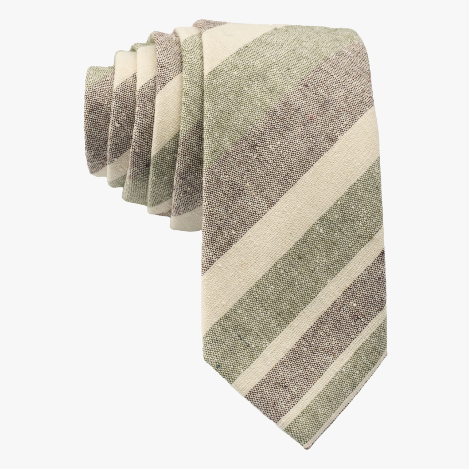 Adult mens striped tie with olive green stripe, cream lines, grey bars, and colorful diagonal designs for work presentations.