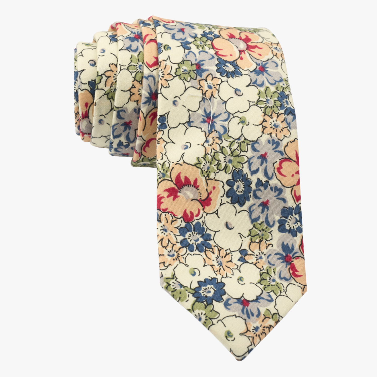 Floral necktie for men with blue flowers, white petals, and peach or salmon blossoms and green leaves on white cotton fabric.