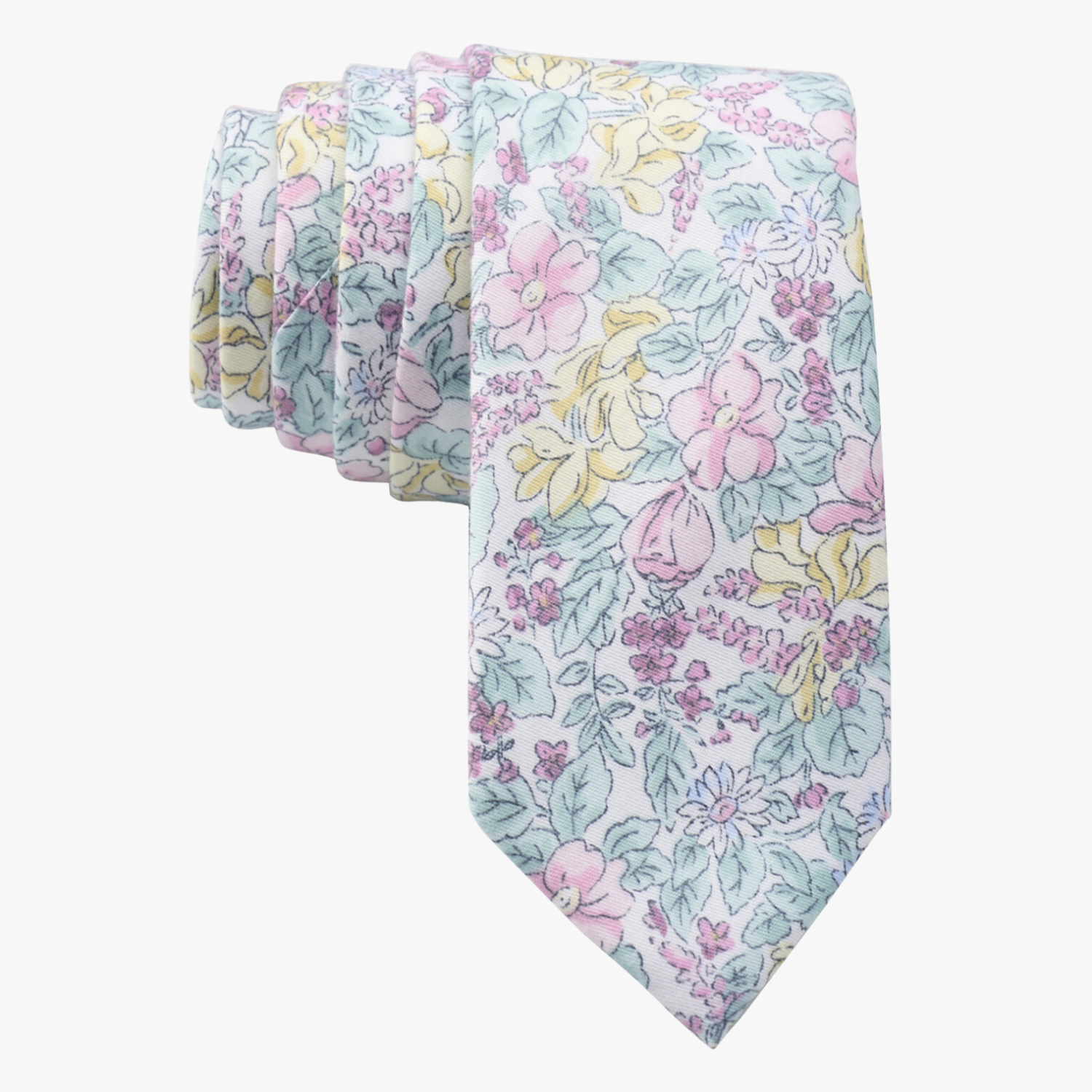 Spring floral necktie for men with pastel pink flowers, yellow petals, blossoms and light blue leaves on white cotton fabric.