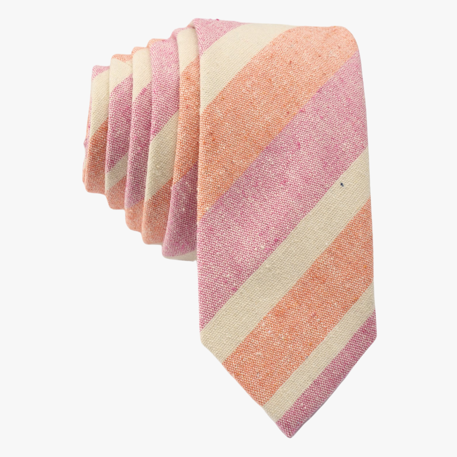 Adult mens striped tie with hot pink stripe, beige lines, orange cream bars, and colorful diagonal designs for a cruises.