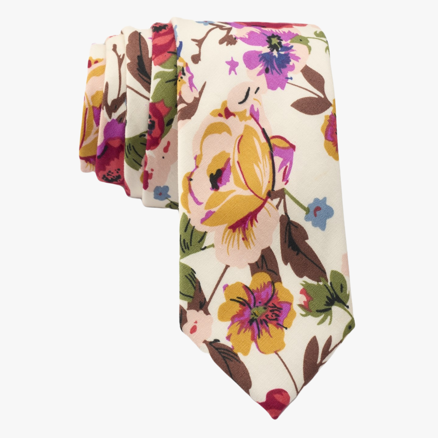 Floral necktie for men with large yellow flowers, orange petals, lavender purple blossoms and green leaves on beige fabric.