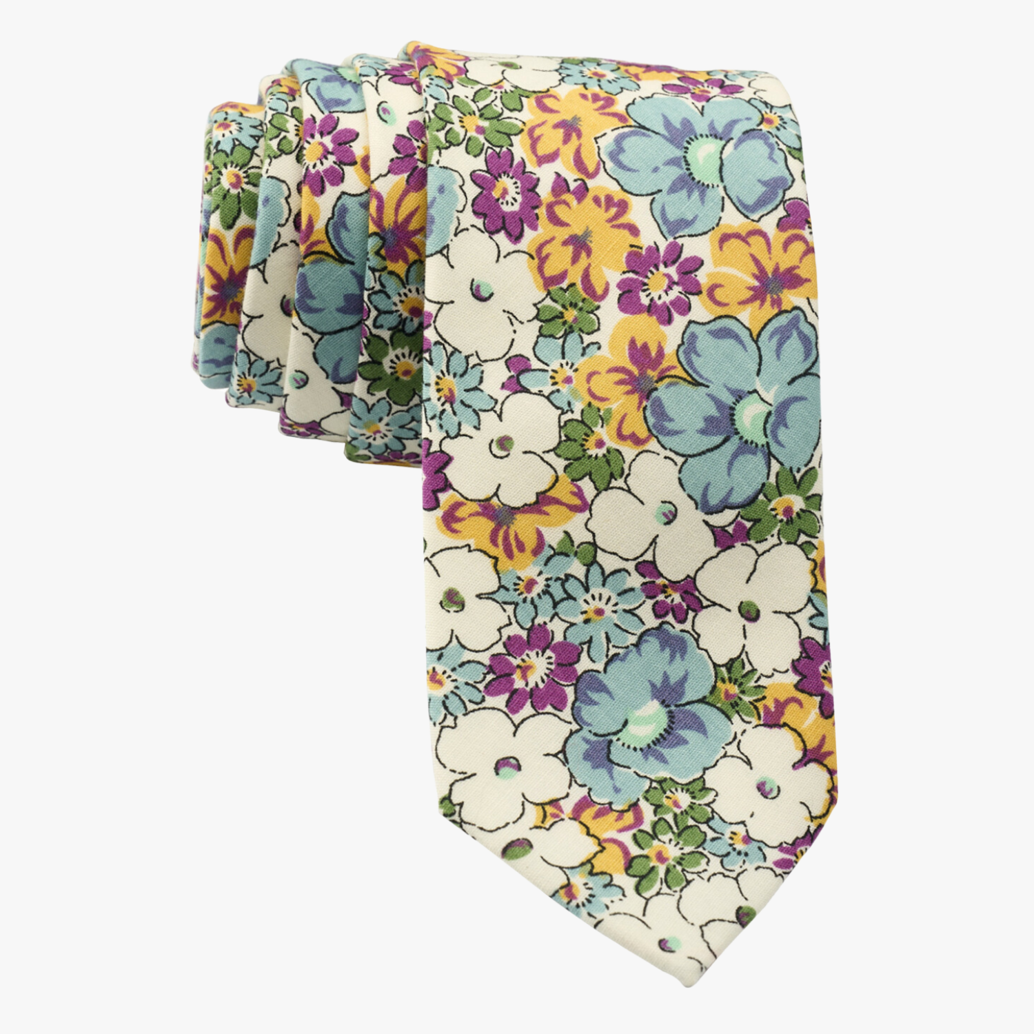 Spring floral necktie for men with pale blue flowers, yellow and burnt orange petals, white blossoms and small green flowers.
