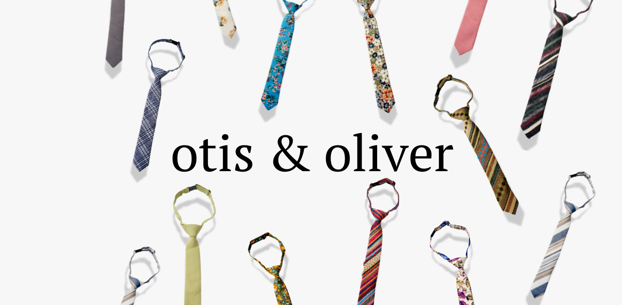 The Otis and Oliver logo surrounded by a variety of colorful adjustable ties for kids.