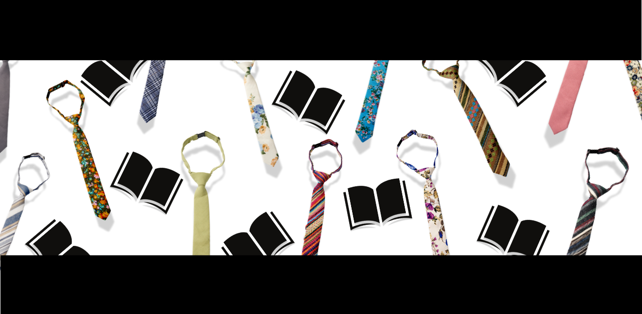 An image of book icons and childrens' neckties falling in front of a white background.