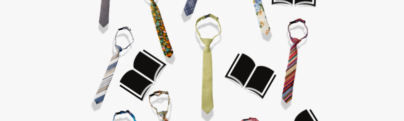 An image of solid, striped, and floral childrens ties falling next to open books.