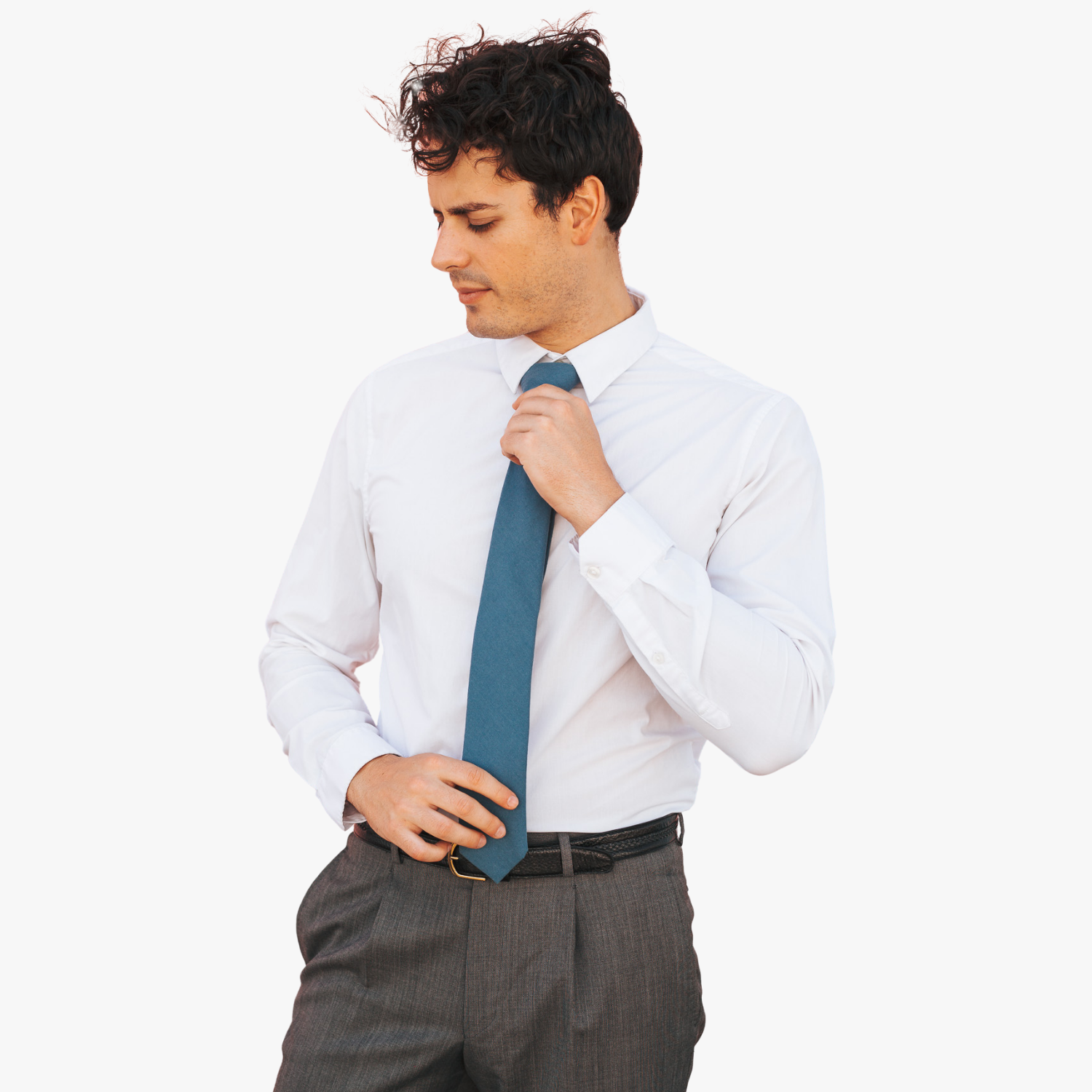 A man with a solid tie with a plain deep cobalt blue color.