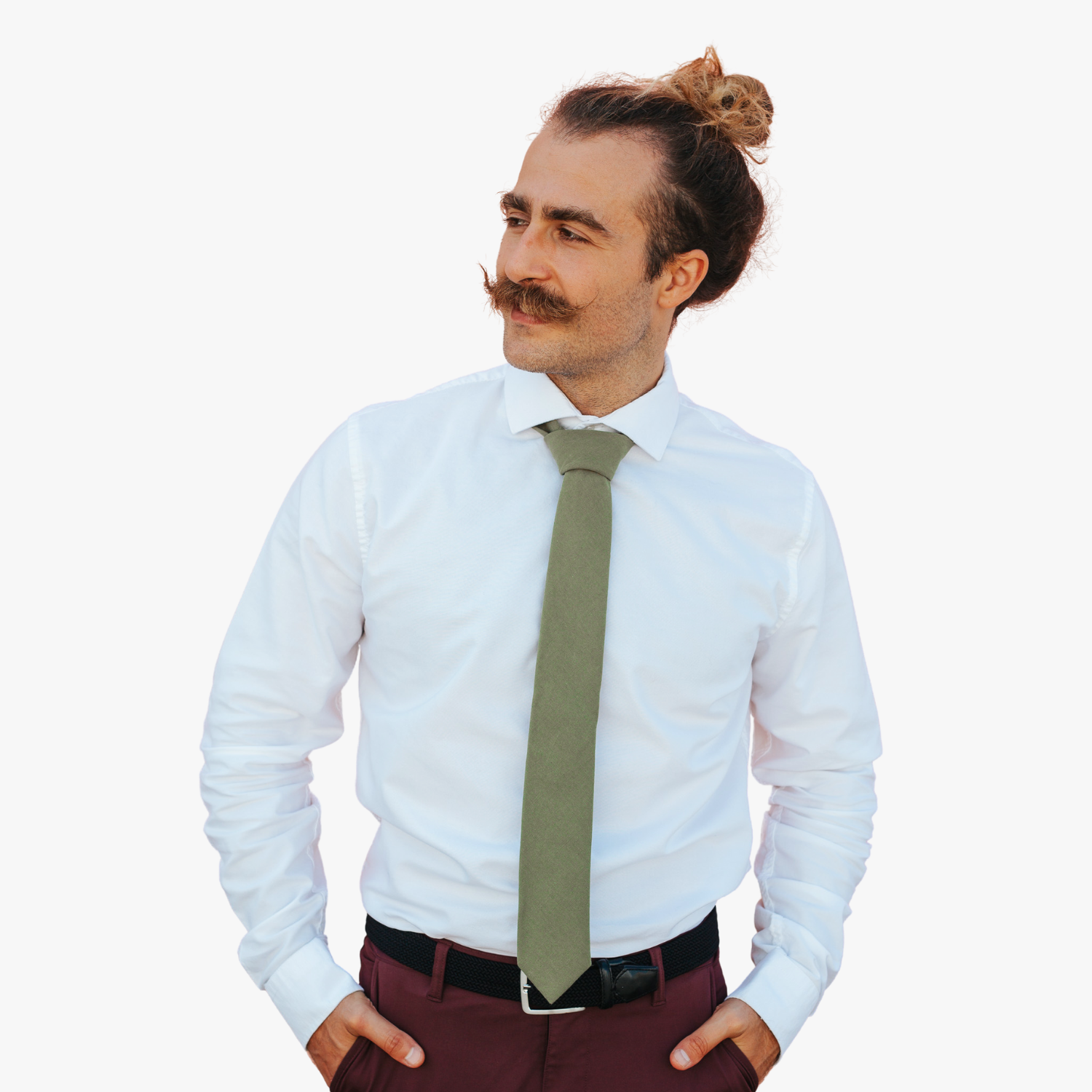 A man with a solid tie with a plain military moss green color.