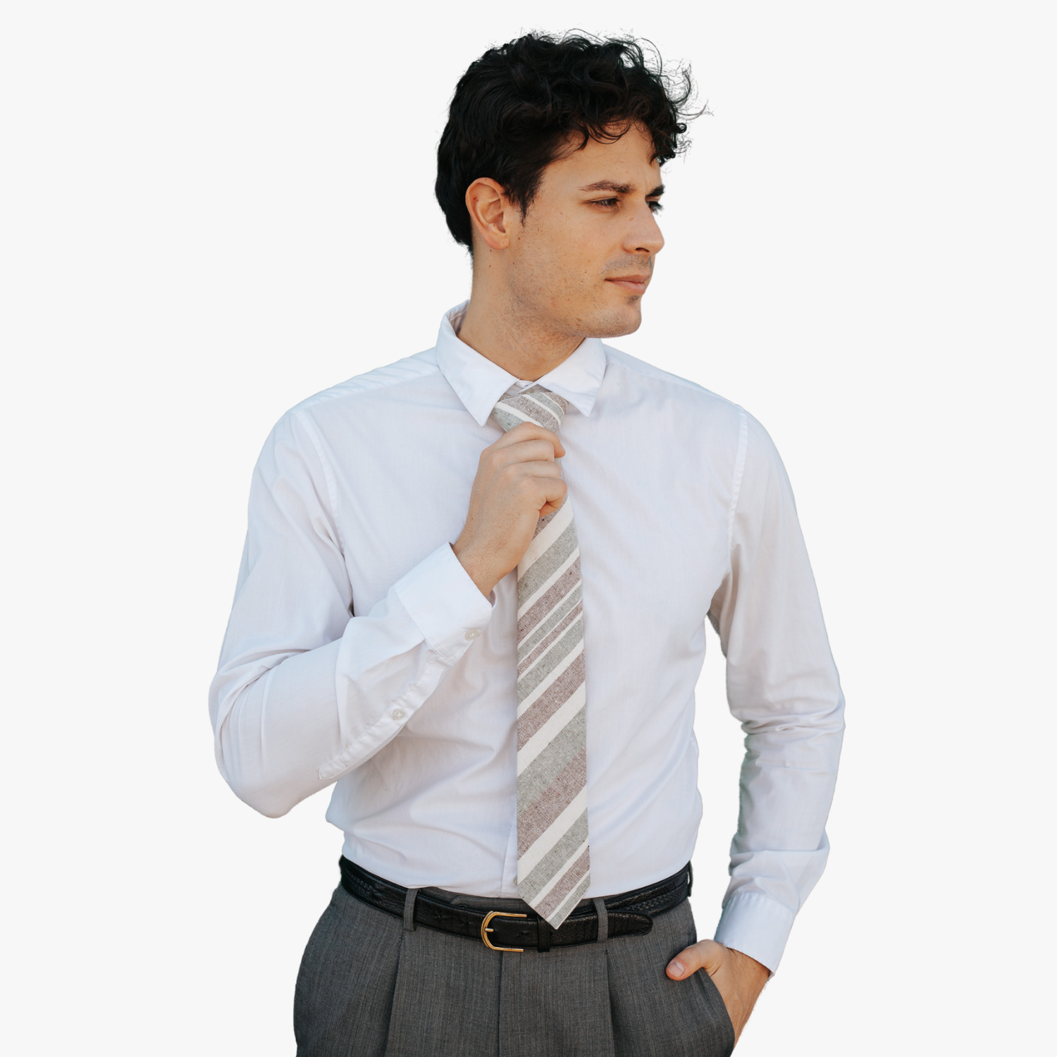 A man wearing church clothes and a striped tie with olive green stripe, cream lines, grey bars and diagonal designs.