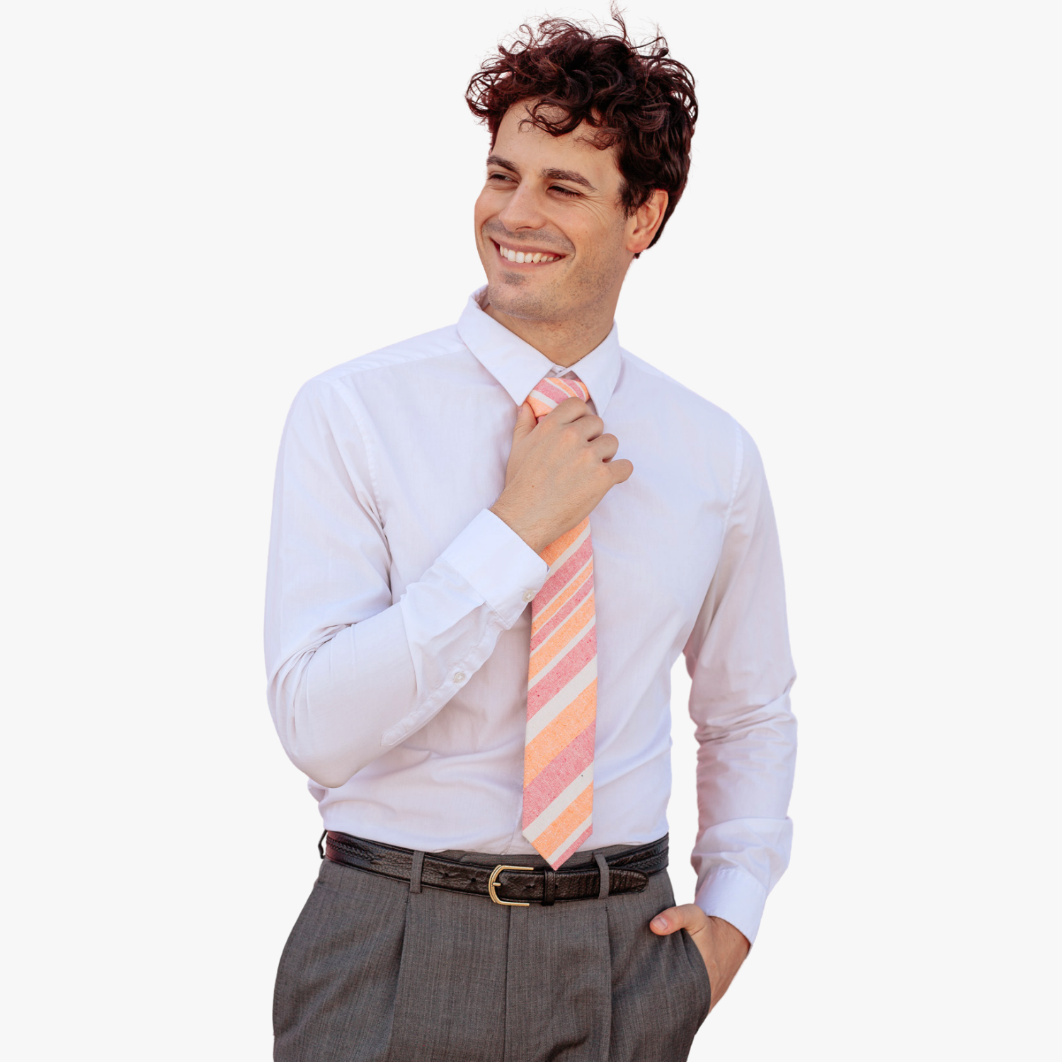 A man wearing church clothes and a striped tie with hot pink stripe, beige lines, orange cream bars and diagonal designs.