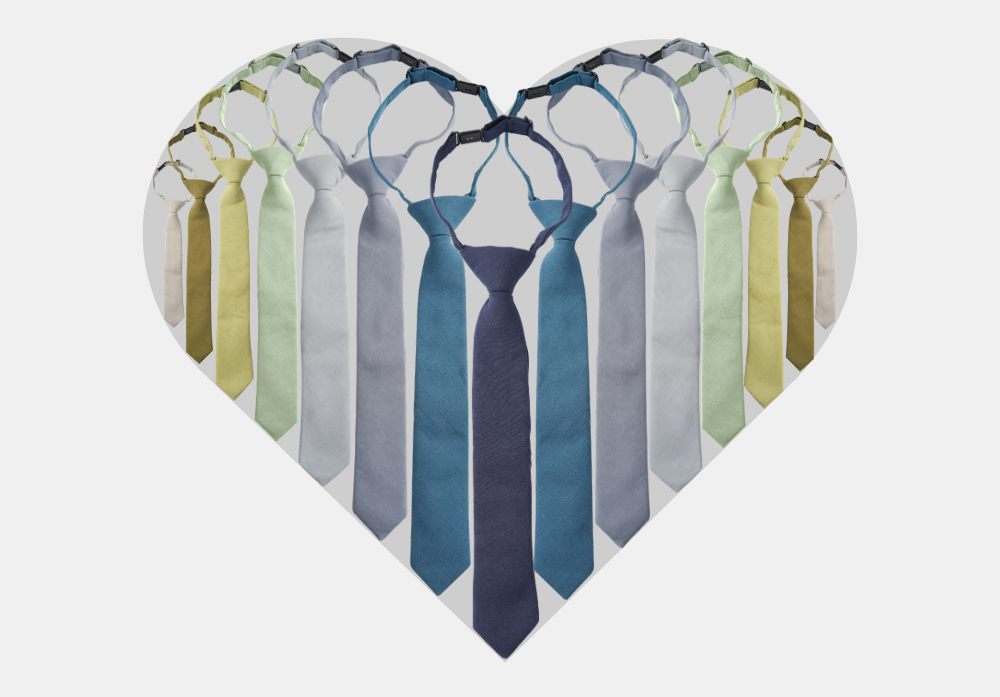 An icon of a heart remade out of a variety of solid blue and green adjustable neckties.