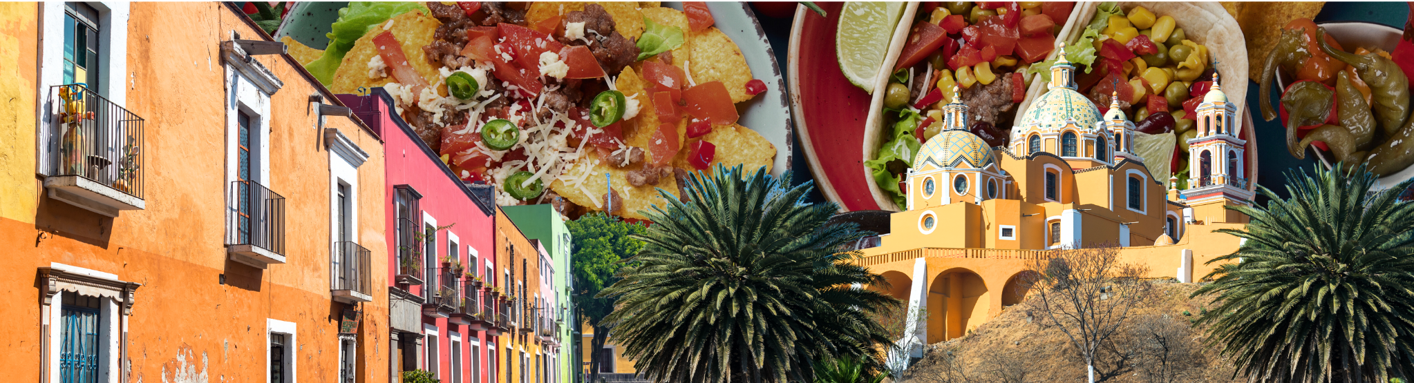 A colorful Mexican adobe street and a yellow catholic cathedral over top of a background of Mexican food.
