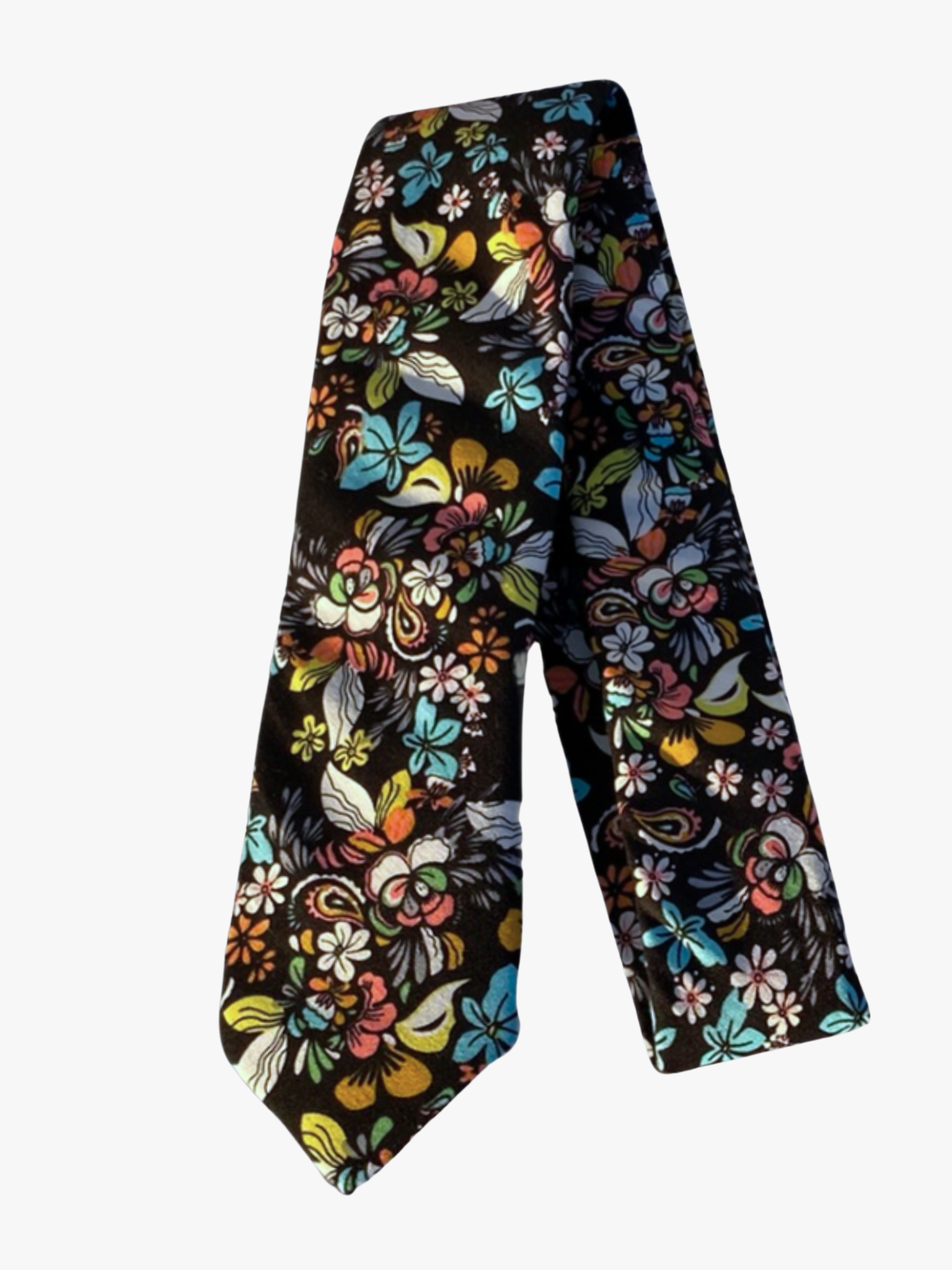 A folded floral adult men's necktie with black fabric, blue and yellow flowers and green, orange, and pink natural designs.