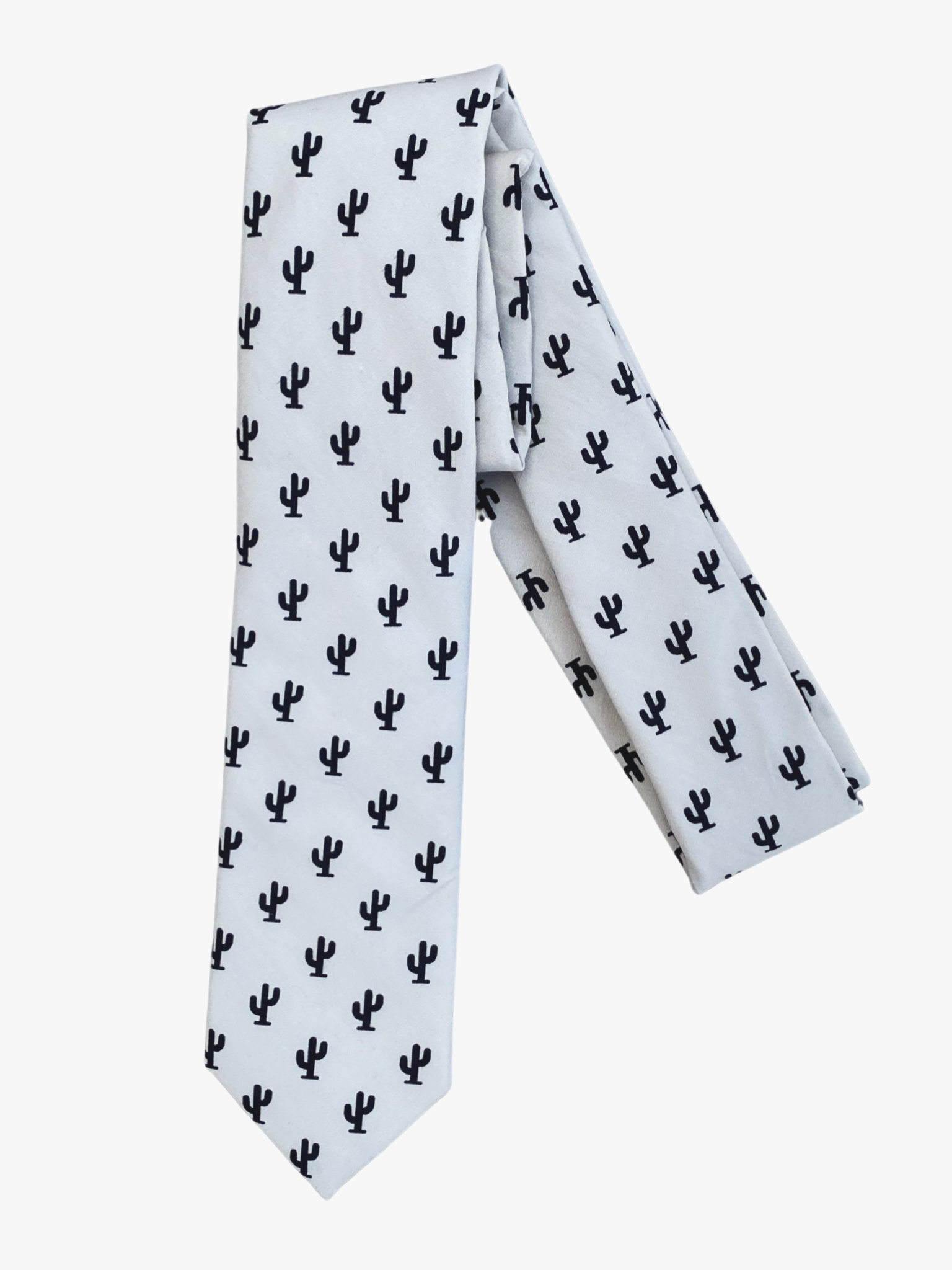 A folded Arizona desert cactus adult men's necktie with black cacti outlines on a simple white fabric.