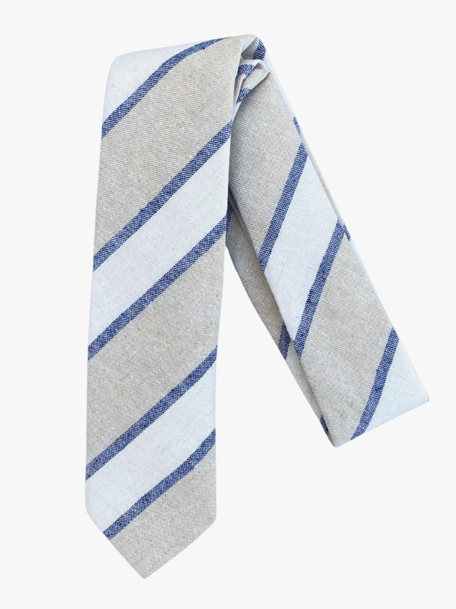 A folded striped adult men's necktie with alternating lines of dark blue and beige on light gray fabric.