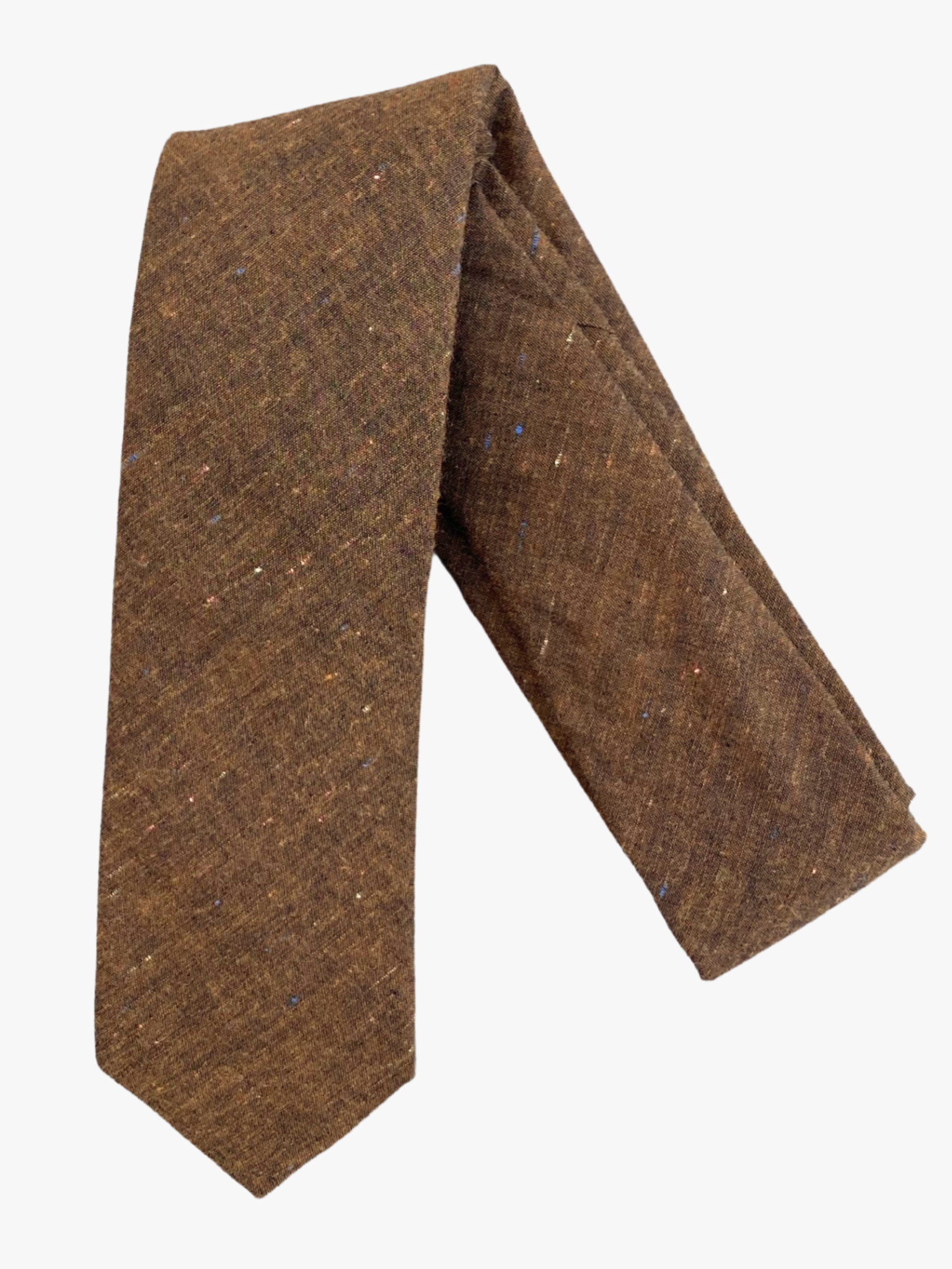 A folded solid speckled adult men's necktie with copper brown fabric colorful speckles, spots, and dots of colors.