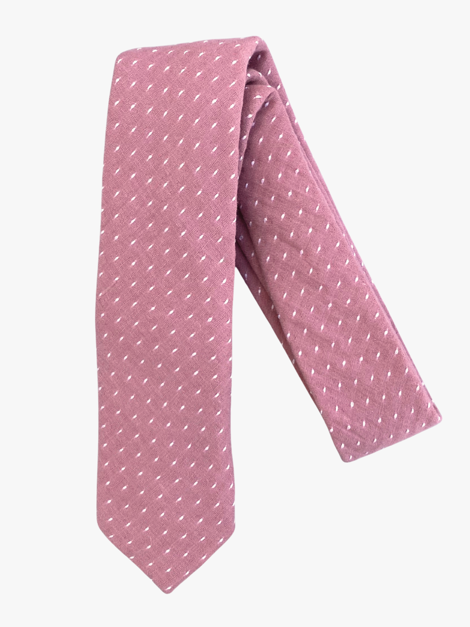 A folded polka dot adult men's necktie with a fuchsia pink fabric and a simple repeating pattern of white dots or spots.