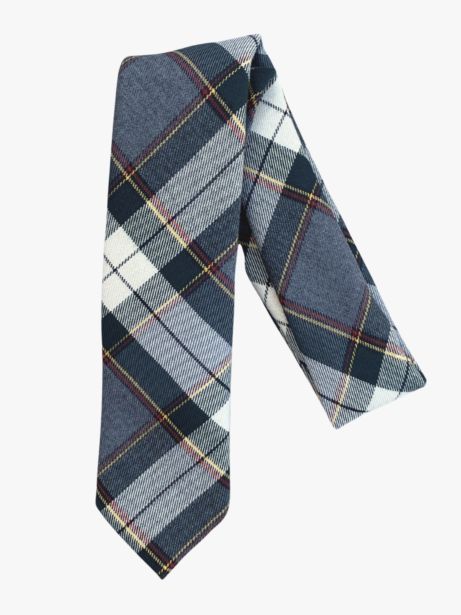 A folded plaid adult men's necktie with tartan designs of dark gray, red, and yellow on off-white fabric.