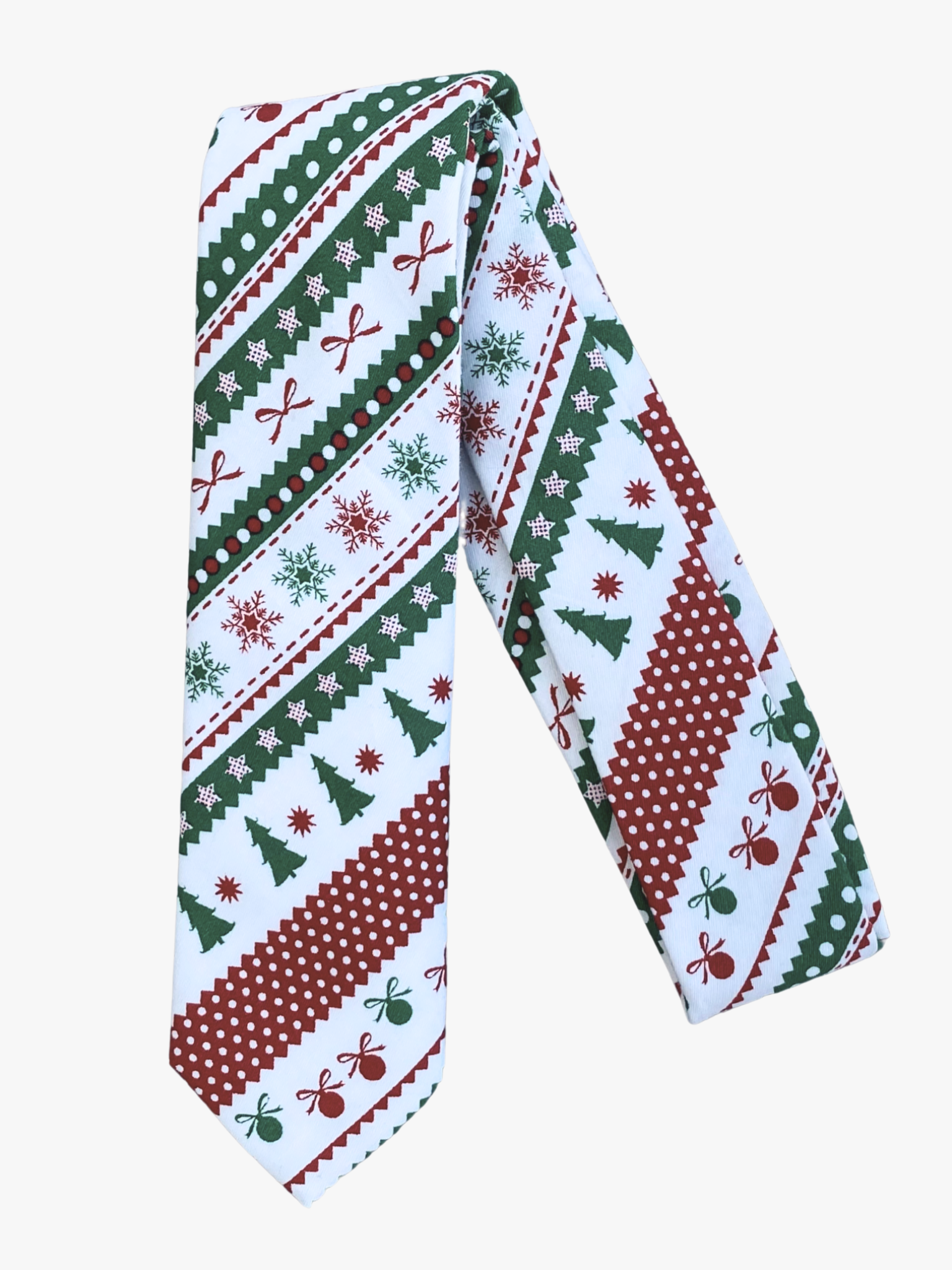 A folded ugly Christmas sweater adult men's necktie with lines of green pine trees, red ornaments, and green snowflakes.
