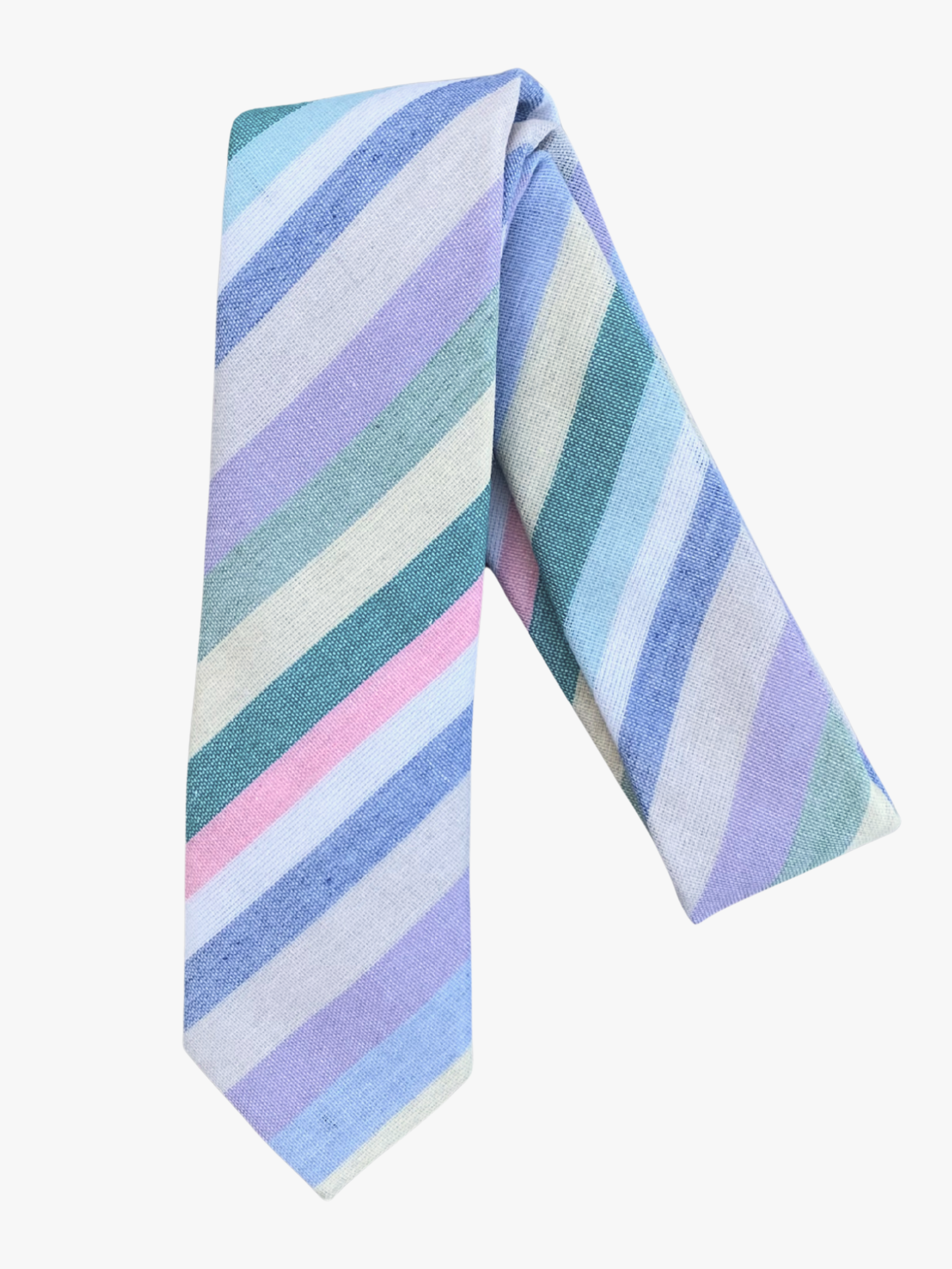 A folded striped adult men's necktie with pastel Easter colors of pink, lavender, white, pale blue, and light green.
