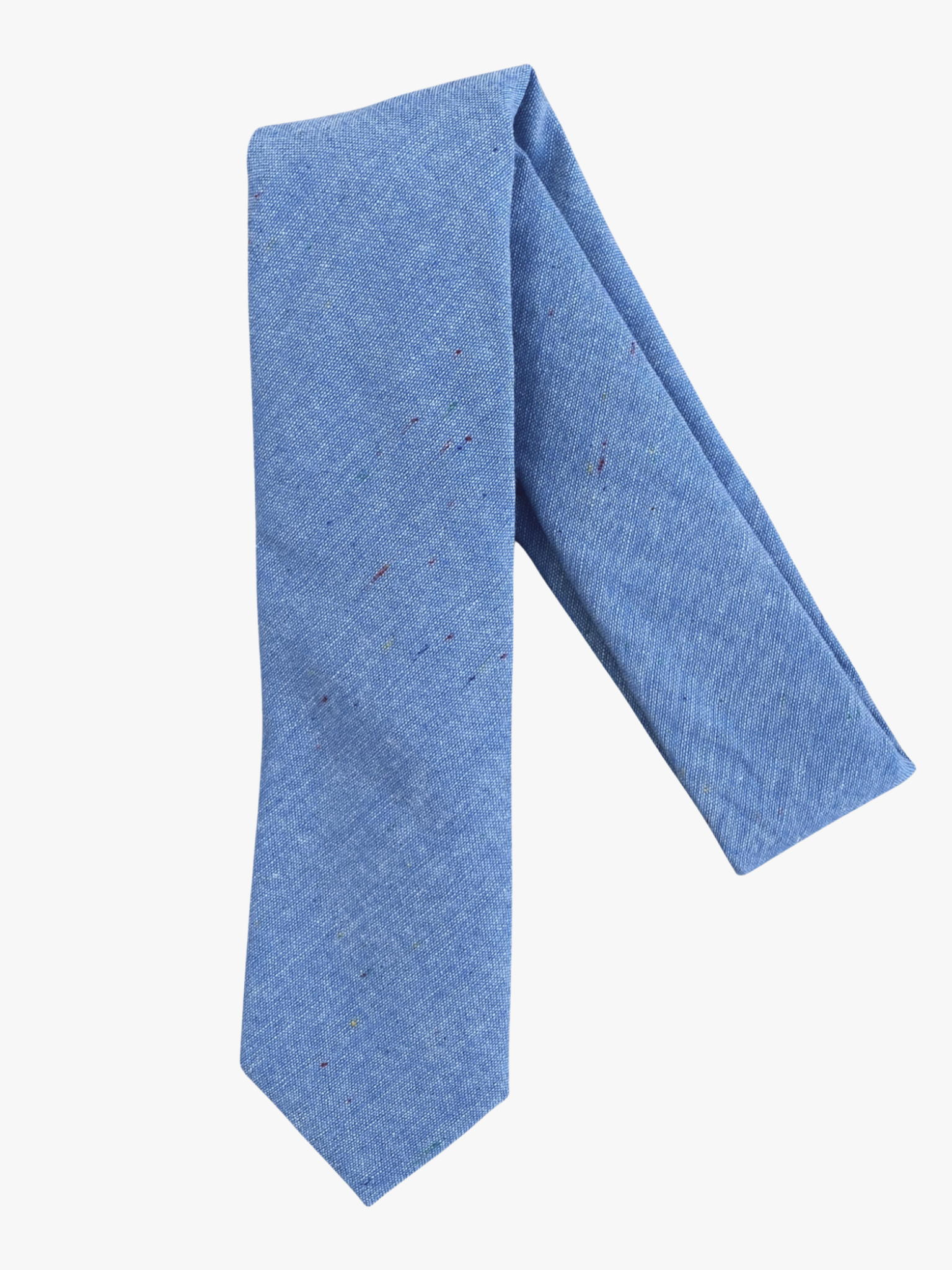 A folded solid speckled adult men's necktie with pale baby blue fabric and spots, dots, or speckles of color.