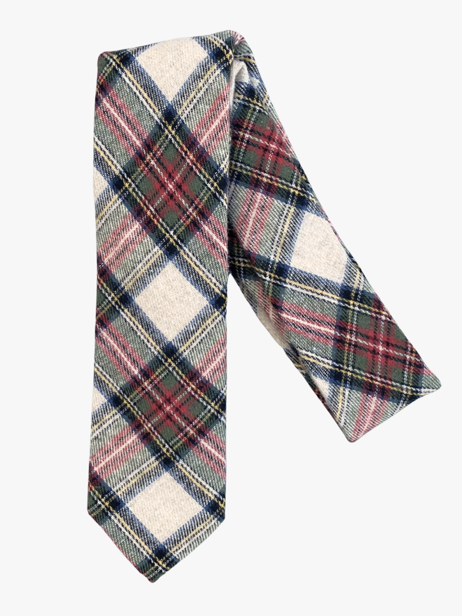 A folded plaid adult men's necktie with tartan designs of red, green, and blue on white fabric.
