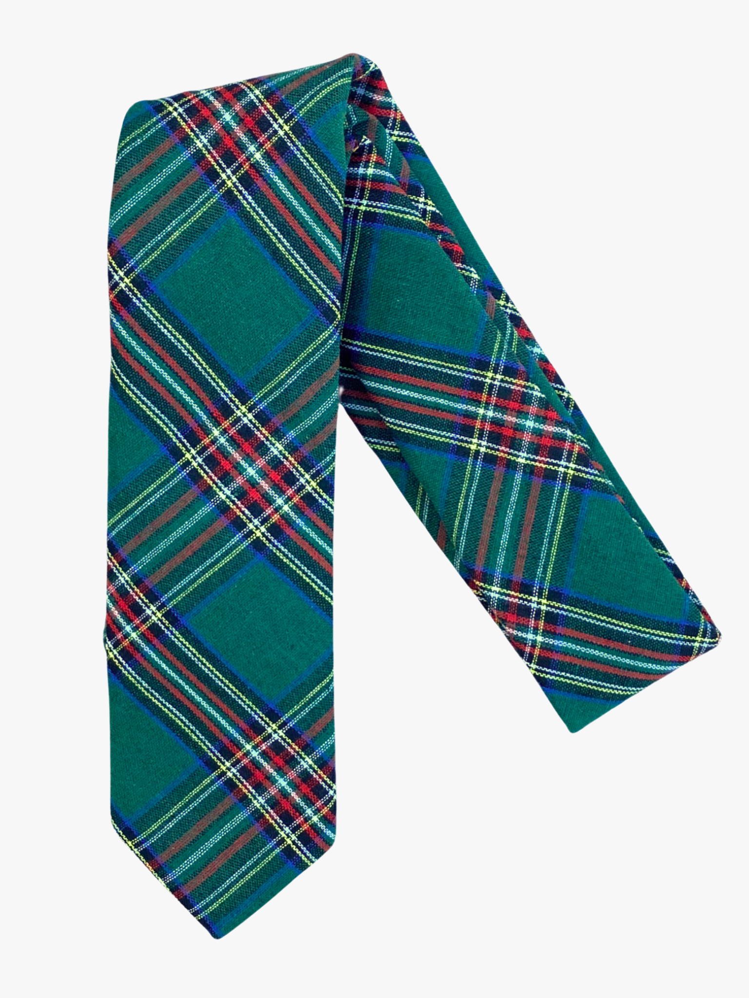 A folded plaid adult men's necktie with tartan designs of red, white, blue, and yellow, on dark green fabric.
