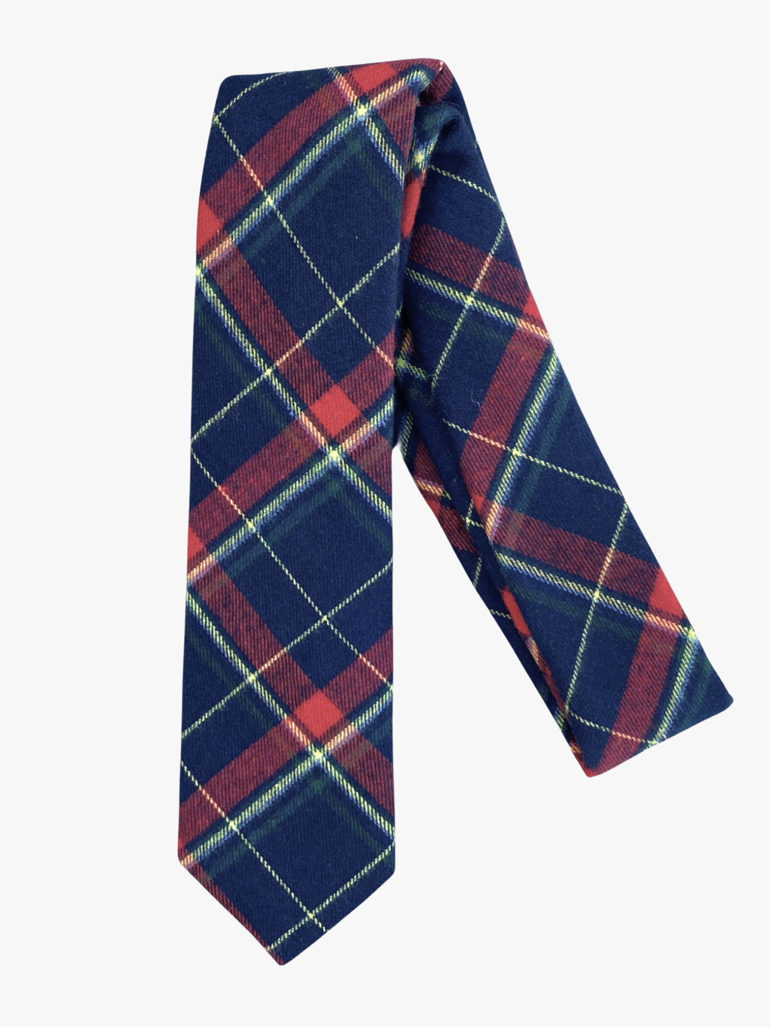 A folded plaid adult men's necktie with tartan designs of red, yellow, and subtle green on navy blue fabric.