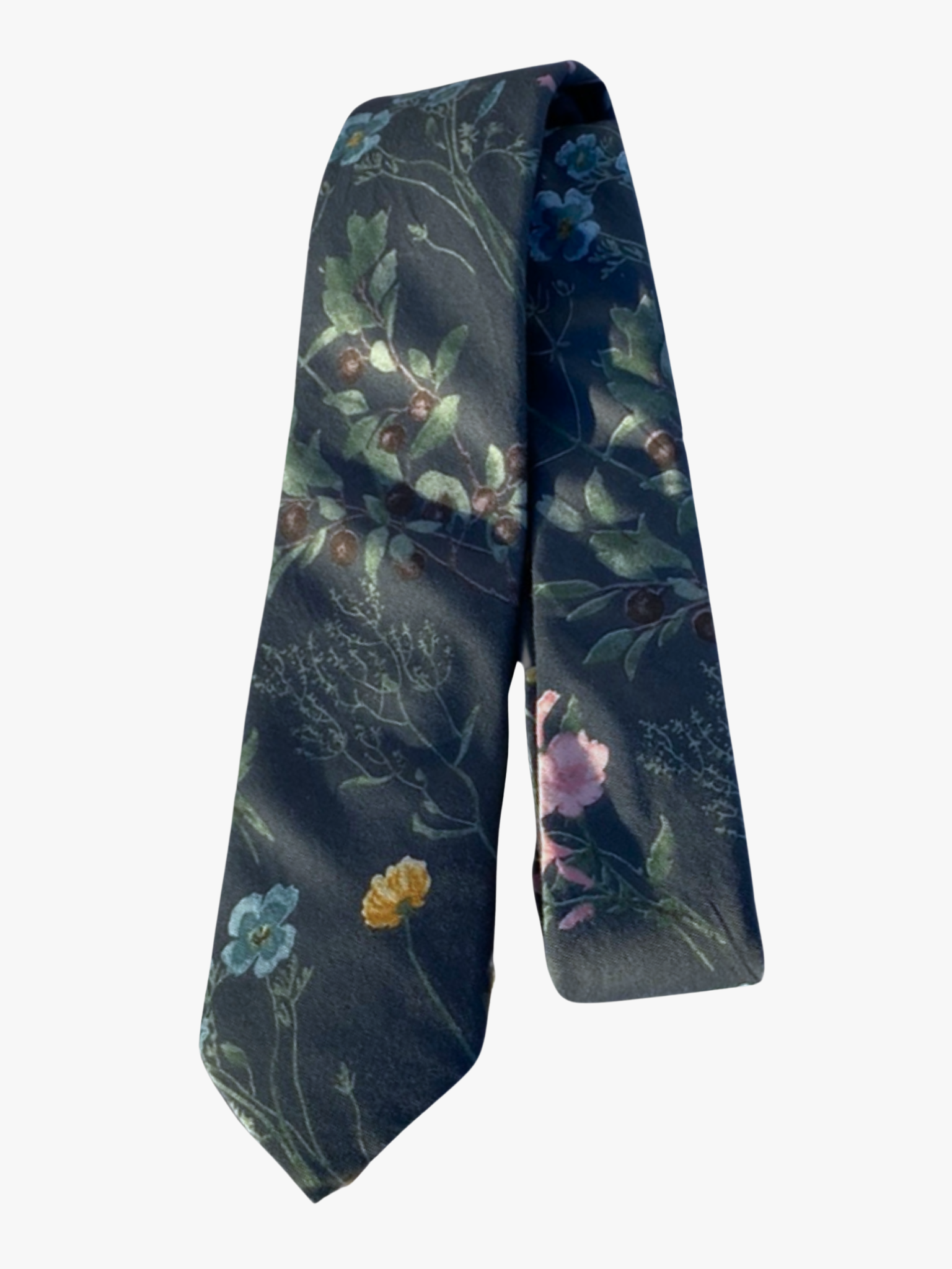A folded floral adult men's necktie with slate gray fabric with turquoise, teal, pink, and yellow flowers with green accents.