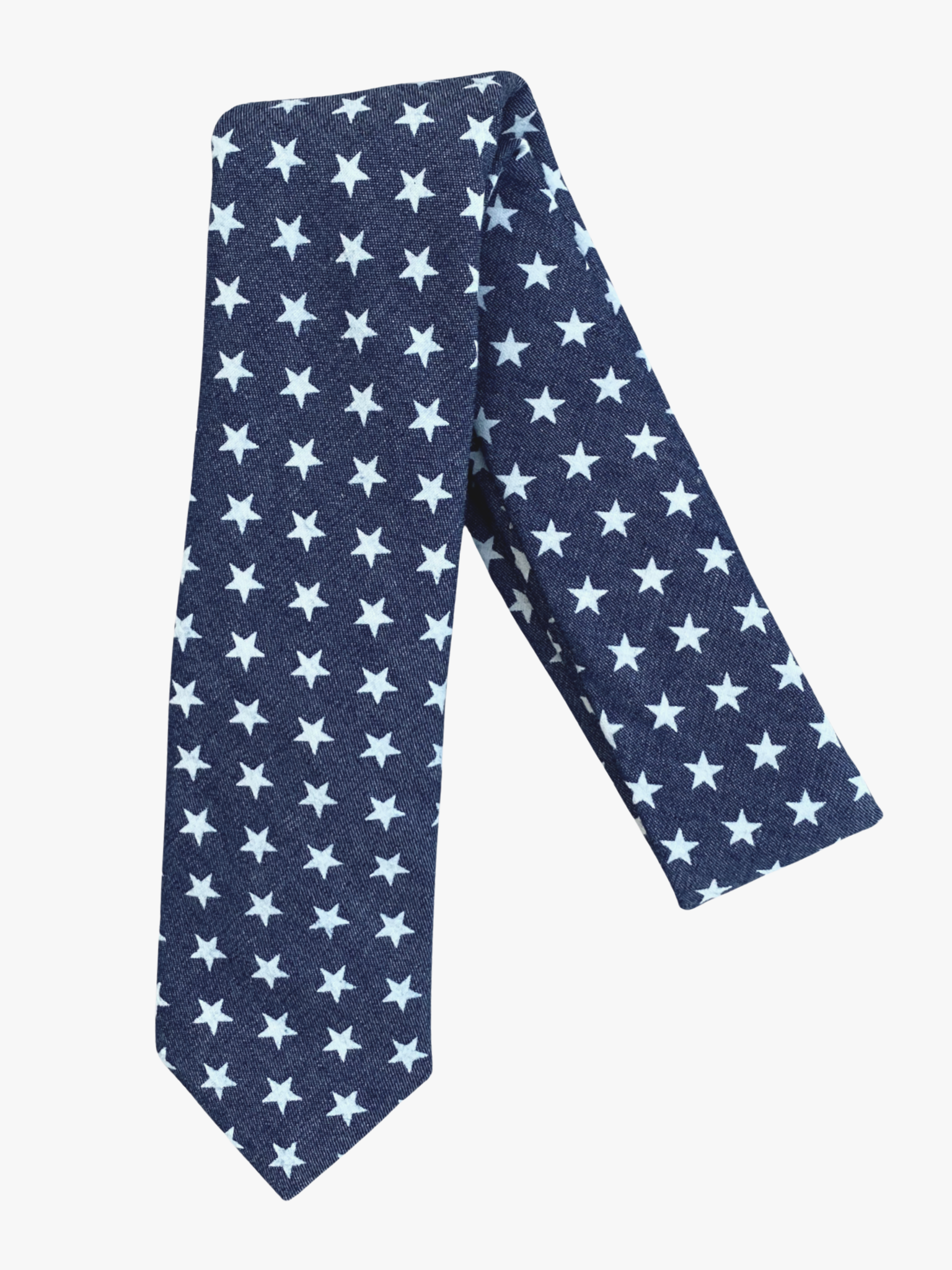 A folded USA stars adult men's necktie with white patriotic American flag stars on a solid navy blue fabric.