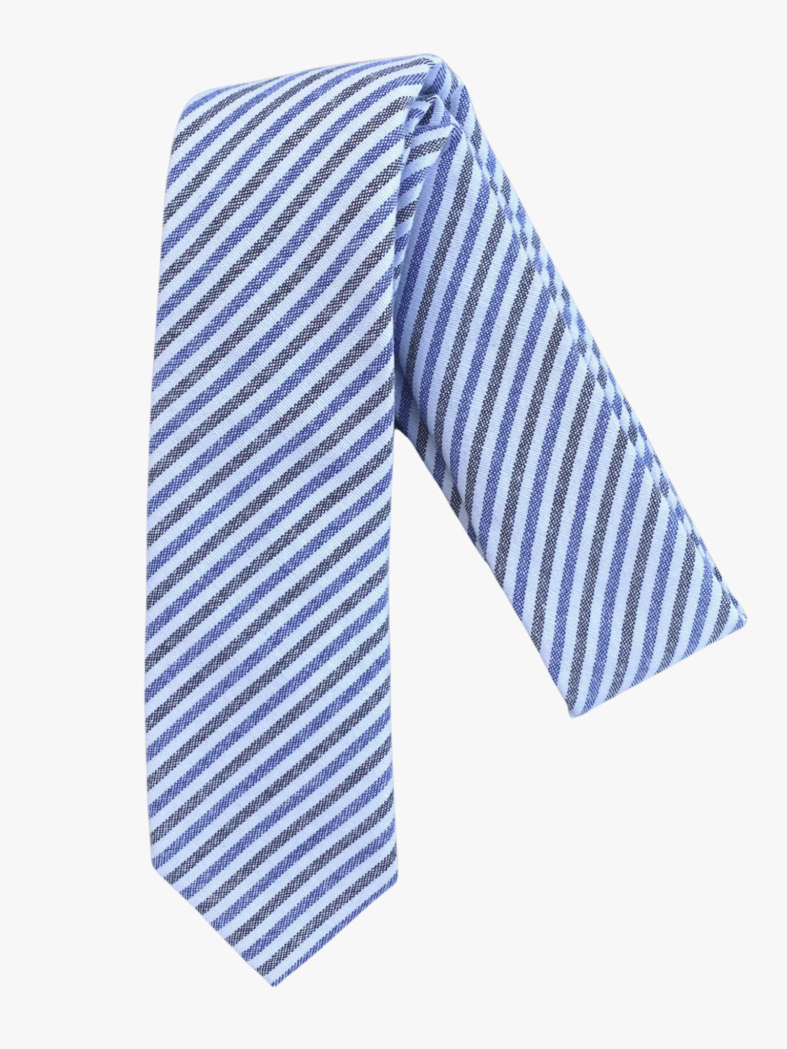 A folded striped adult men's necktie with equally sized lines of white, blue, and gray in a repeating pattern.