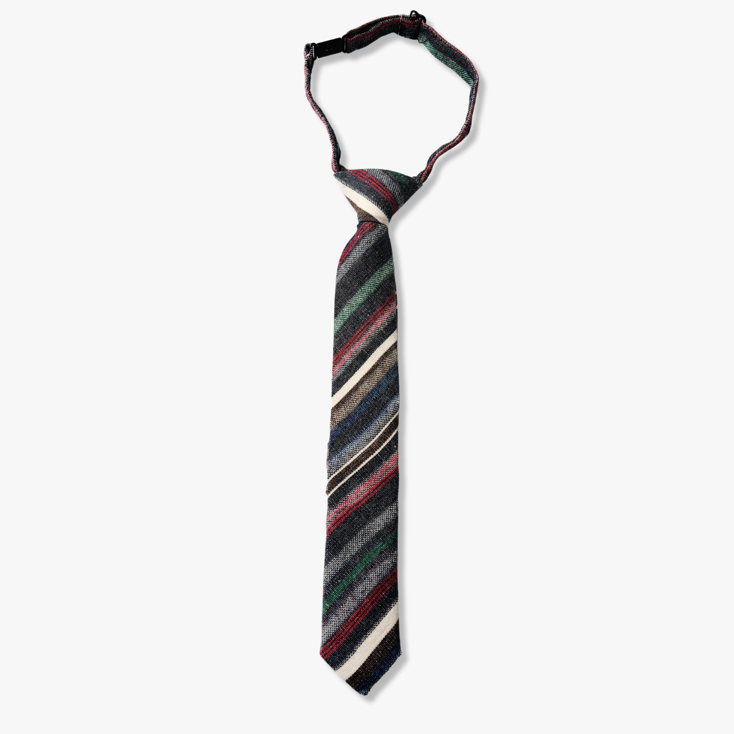 Kids striped pretied tie for 3 month-12 years, with dark gray stripe, thin red lines, light grey bars, and diagonal designs.