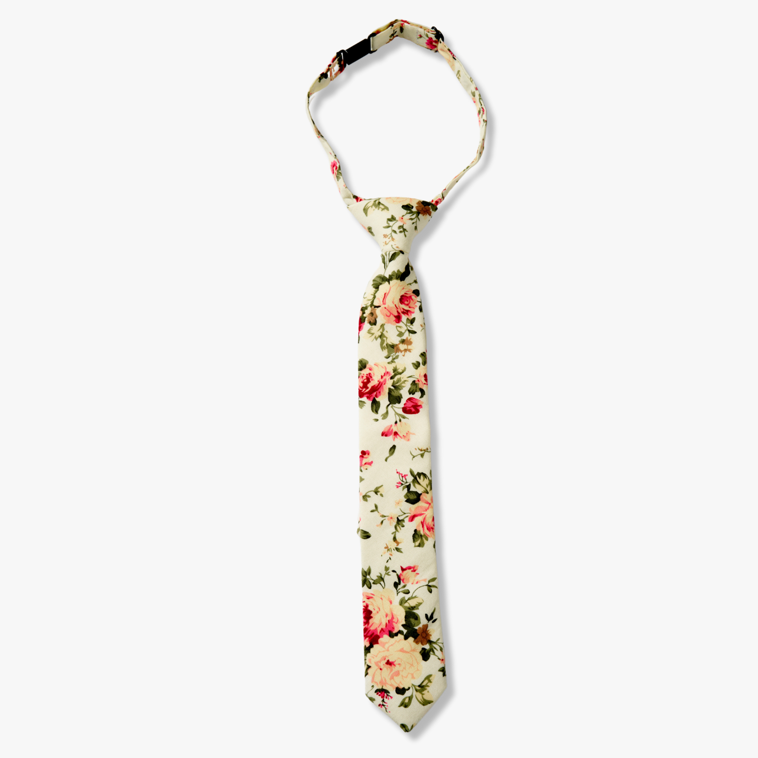 Kids floral pretied tie with pink rose flowers, yellow petals, dark blossoms and green leaves on light mint cotton fabric.
